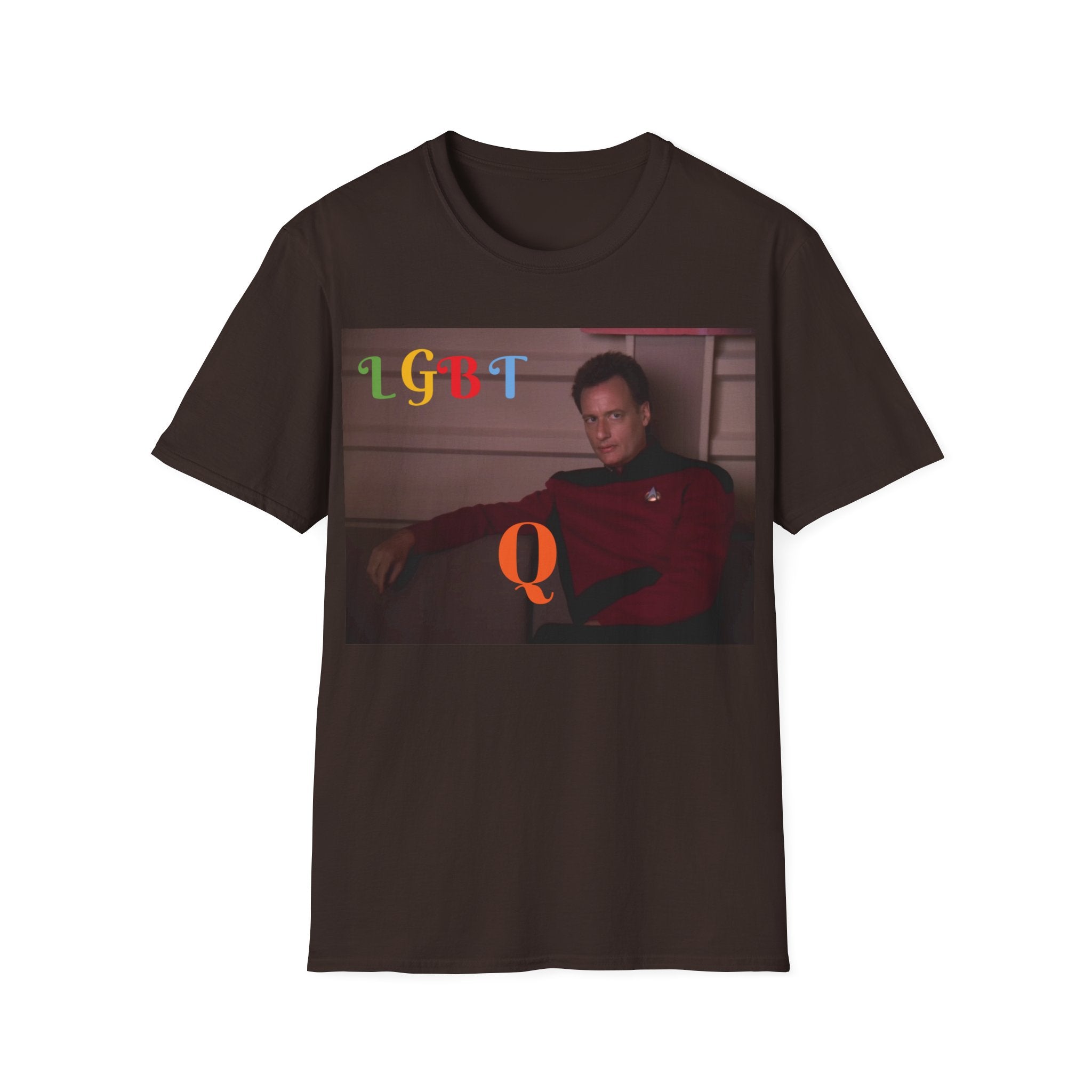 This unique design combines a love for the iconic sci-fi series with a proud nod to LGBTQ support, featuring a humorous twist with the character Q. Perfect for Star Trek fans and members of the LGBTQ community, this shirt is a fun way to show pride and passion for both.