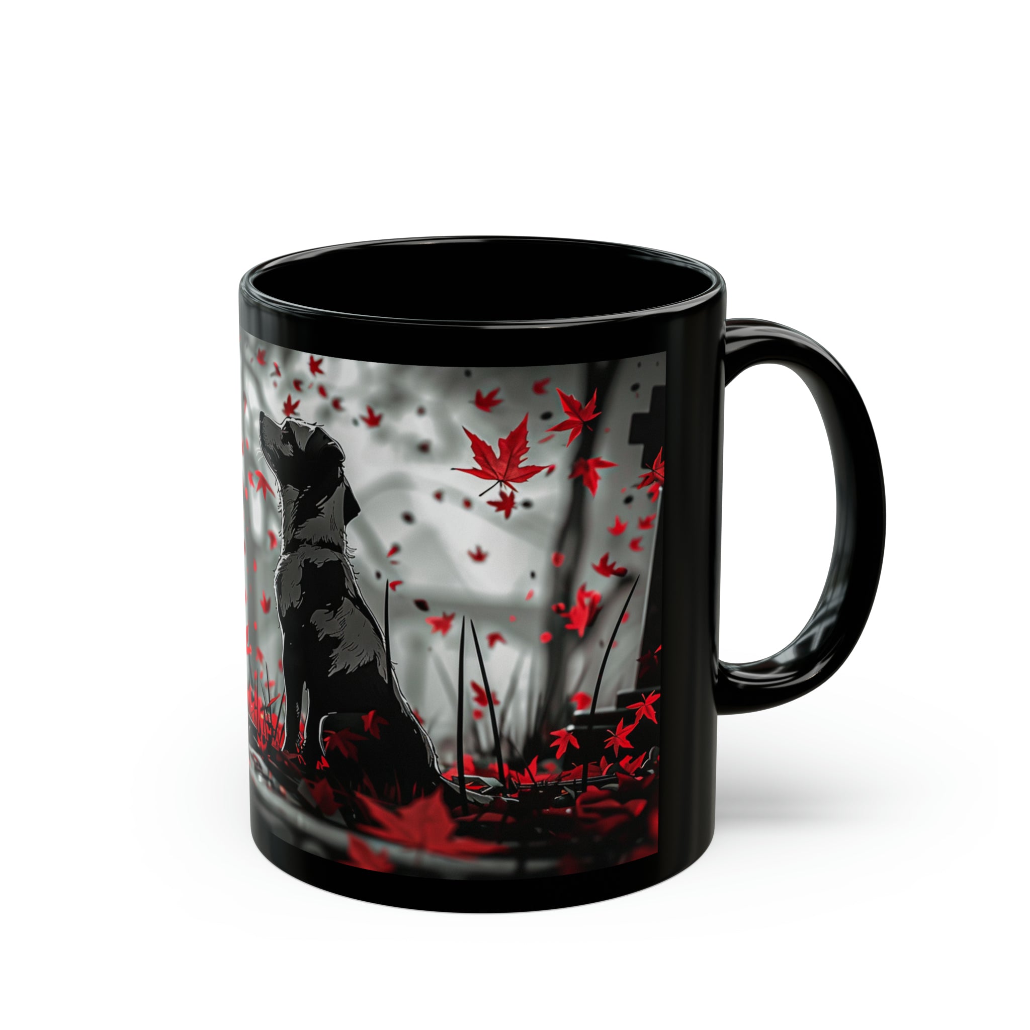 "Eternal Companion: Canine Guardian Angel Black Mug - Solemn Loyalty in Every Sip" (Available in 11oz & 15oz)
