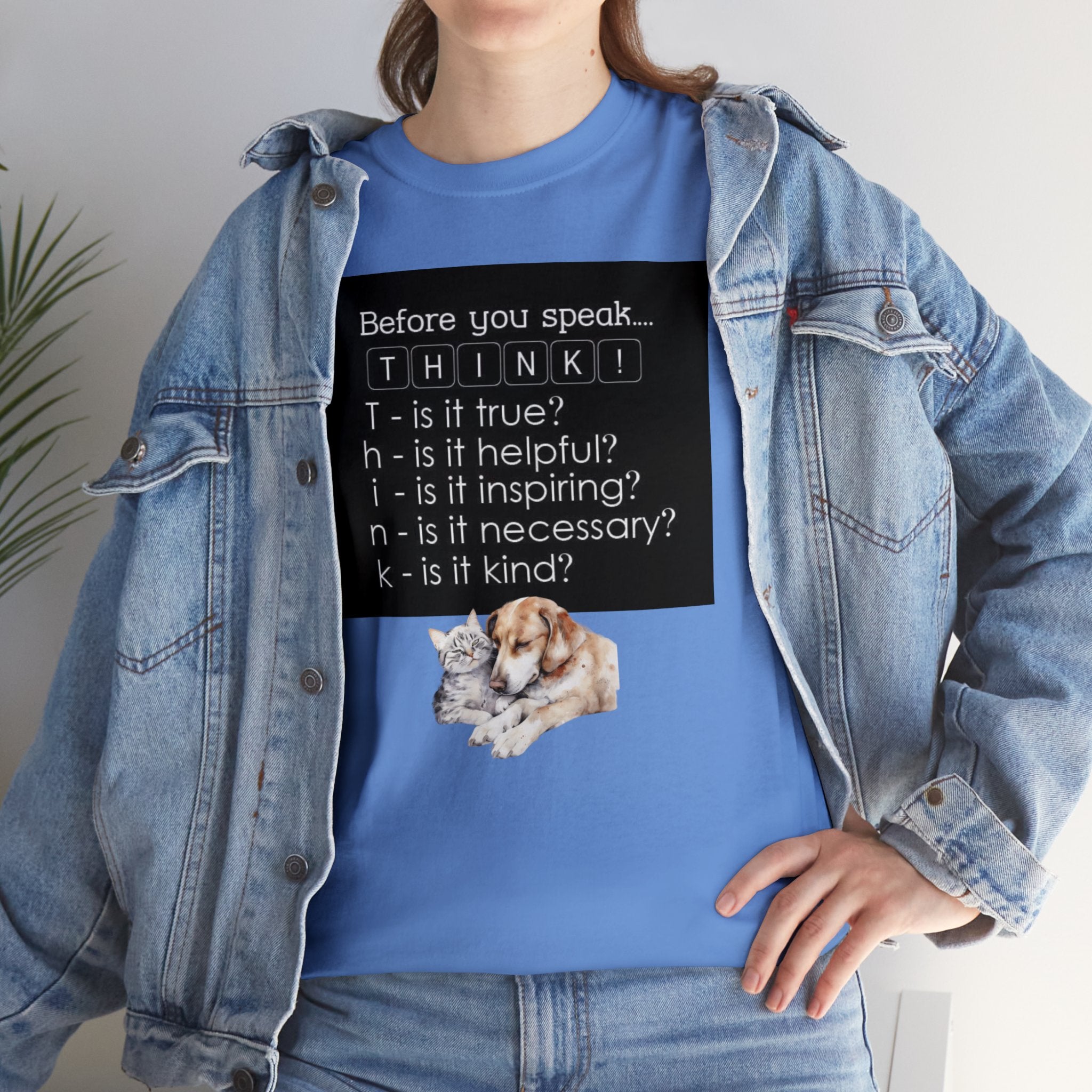 T.H.I.N.K Acronym Kindness Dog and Cat Comfy Friends Unisex Heavy Cotton Tee - Spread Positivity & Friendship