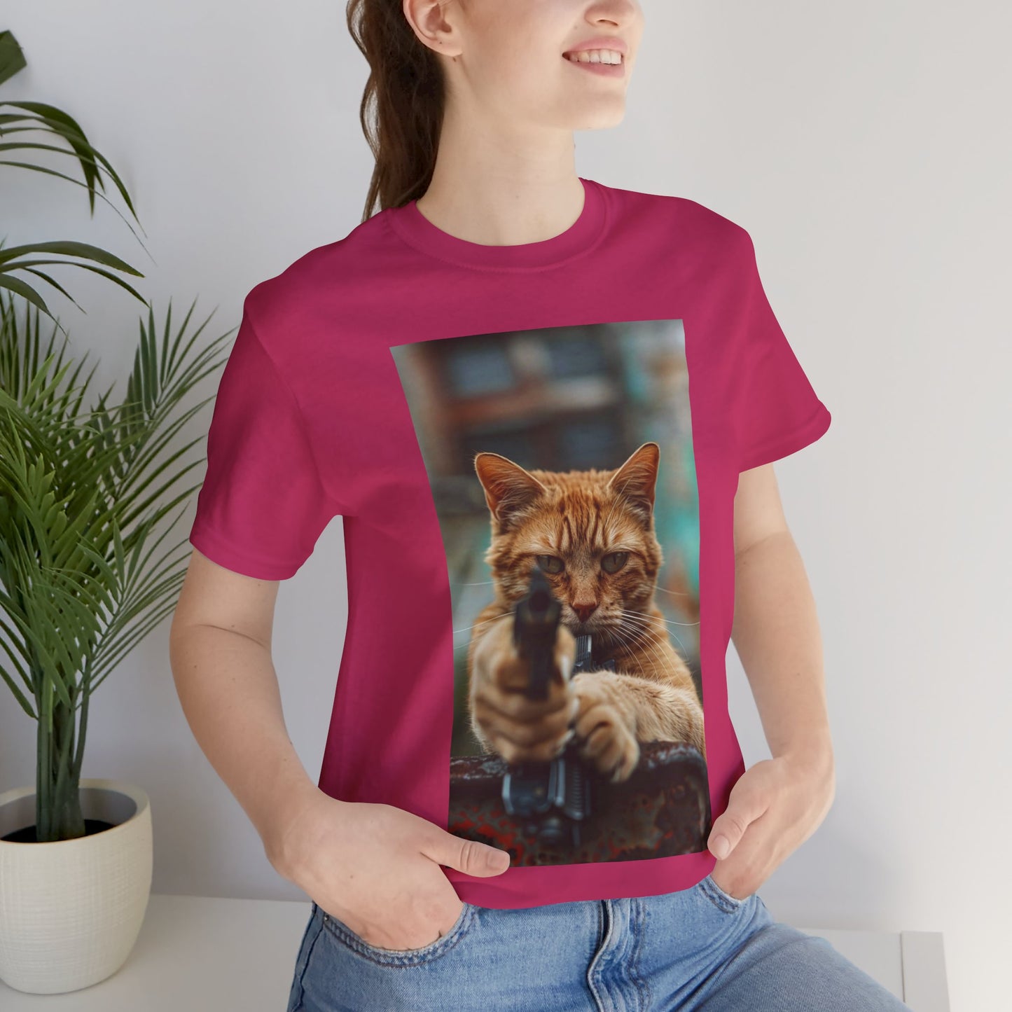 Stealth Paws: Feline Hitman Women's Jersey Short Sleeve Tee - Quirky Cat-Themed Apparel for Fashion-Forward Cat Lovers