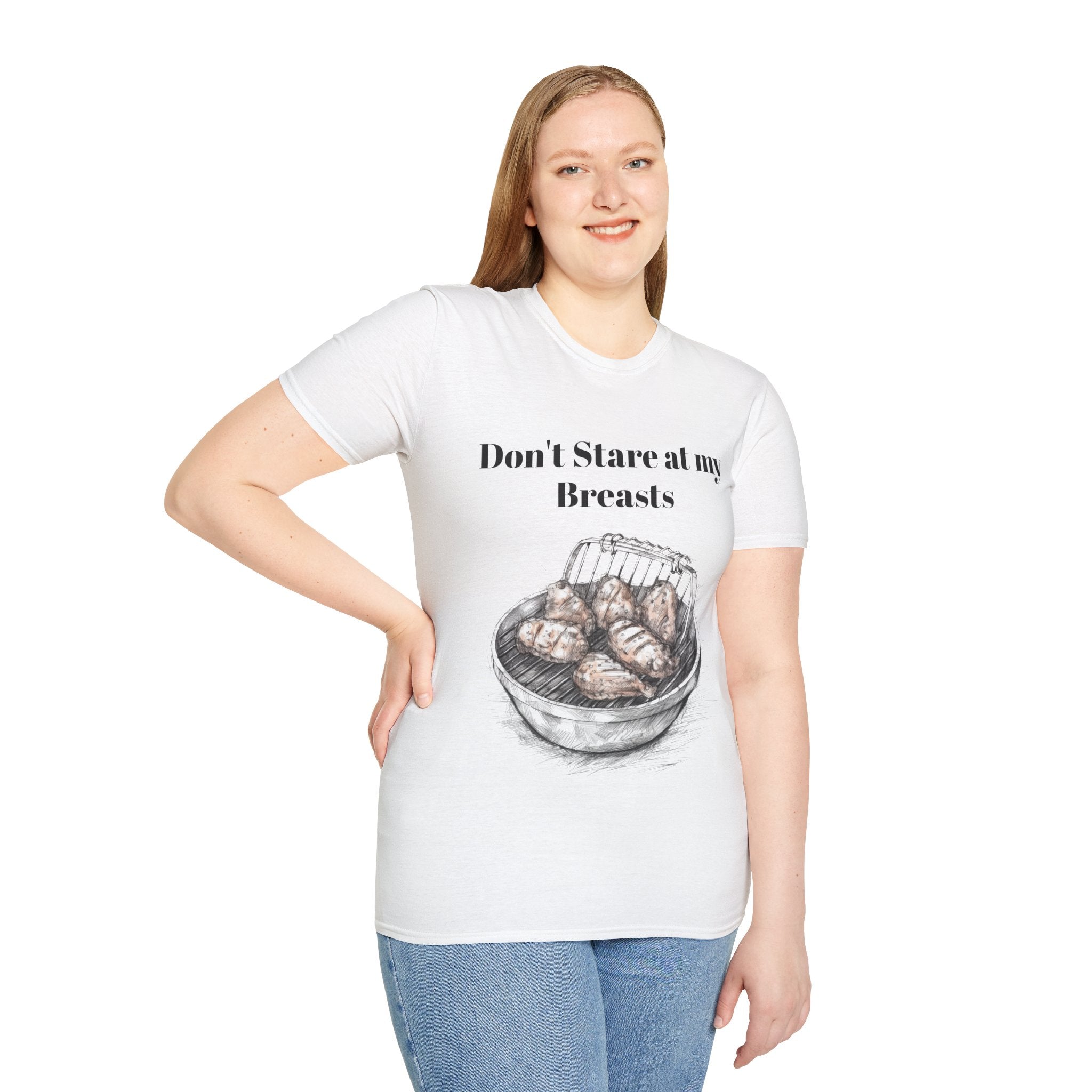 Don't Stare at My Chicken Breast" Humorous Unisex Softstyle T-Shirt - Perfect for Foodies and Comedy Lovers: A Playful Fashion Statement