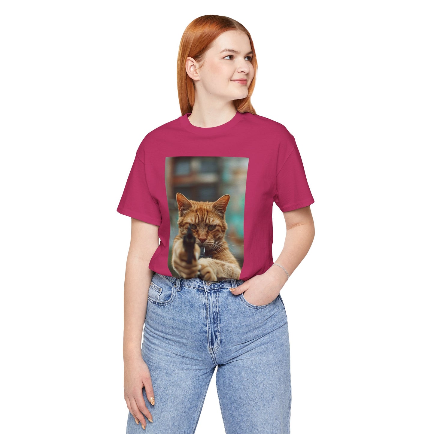 Stealth Paws: Feline Hitman Women's Jersey Short Sleeve Tee - Quirky Cat-Themed Apparel for Fashion-Forward Cat Lovers