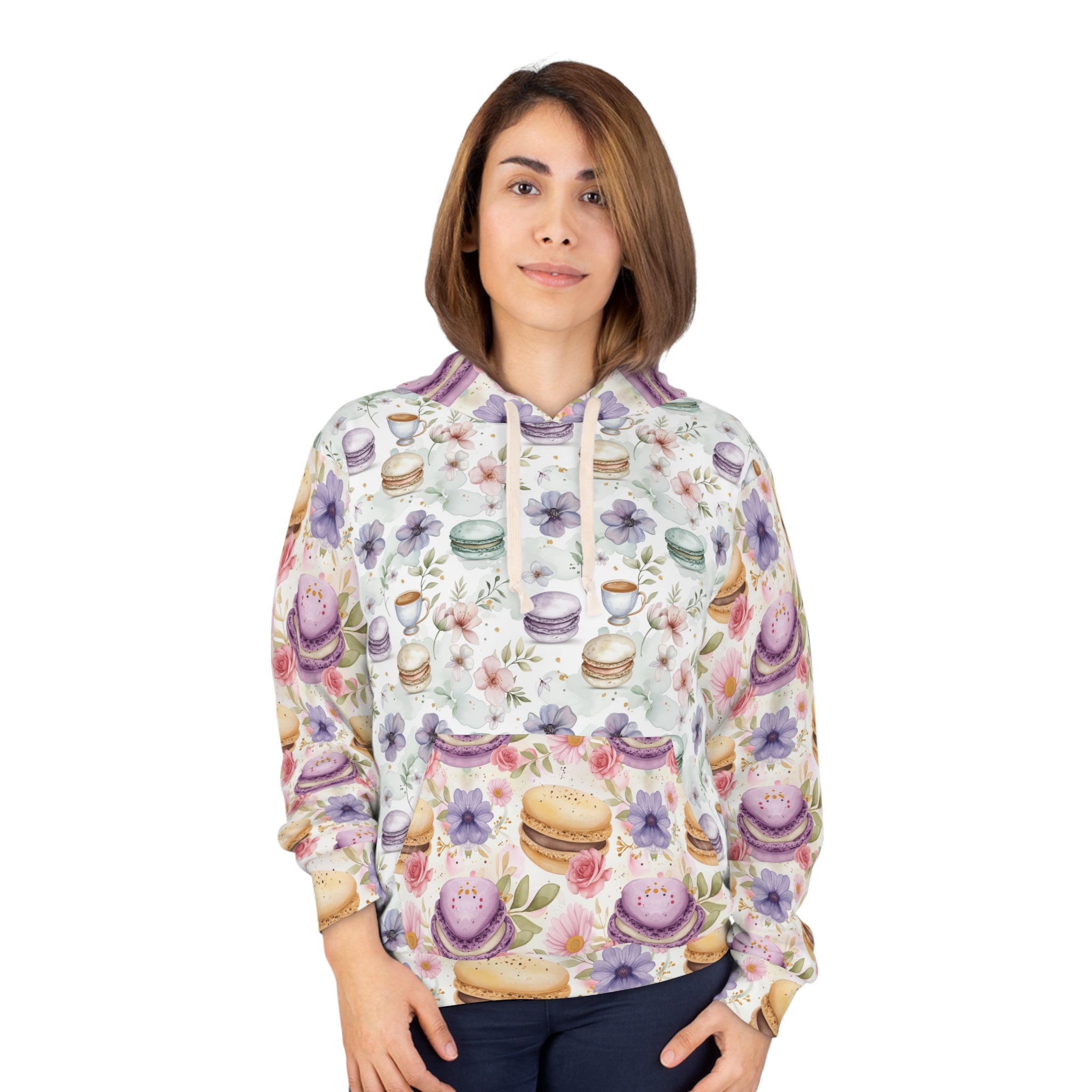Women's Cute Top I love Macaroons! Stylish Macaroon Pattern Womens Pullover Hoodie (AOP) - Trendy All-Over Print Sweatshirt for Fashion Enthusiasts or Foodies Who Love Pastry