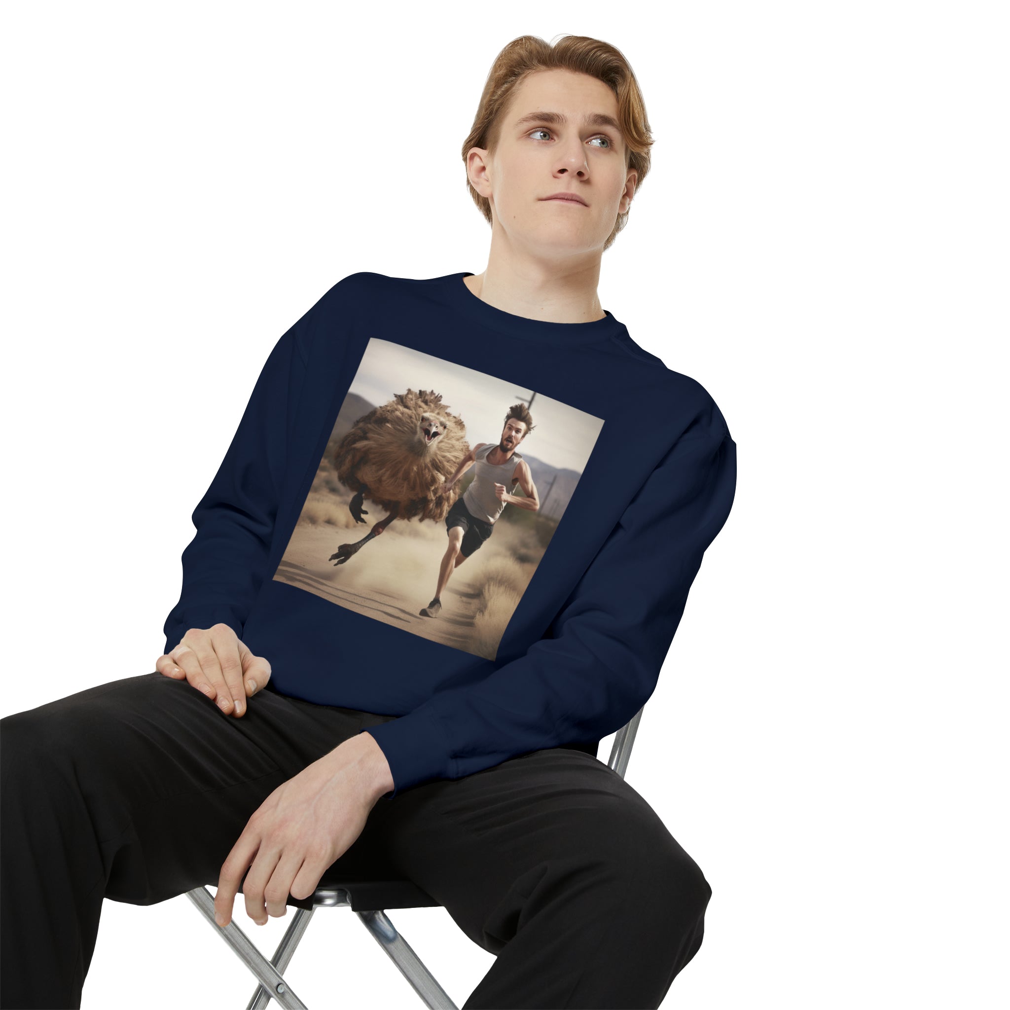 "Man Running from Ostrich 'Hauling Azz' Comedy Scene" Unisex Garment-Dyed Sweatshirt - Humorous Wildlife Chase Adventure Gift for Boyfriend Gift for Husband's Birthday