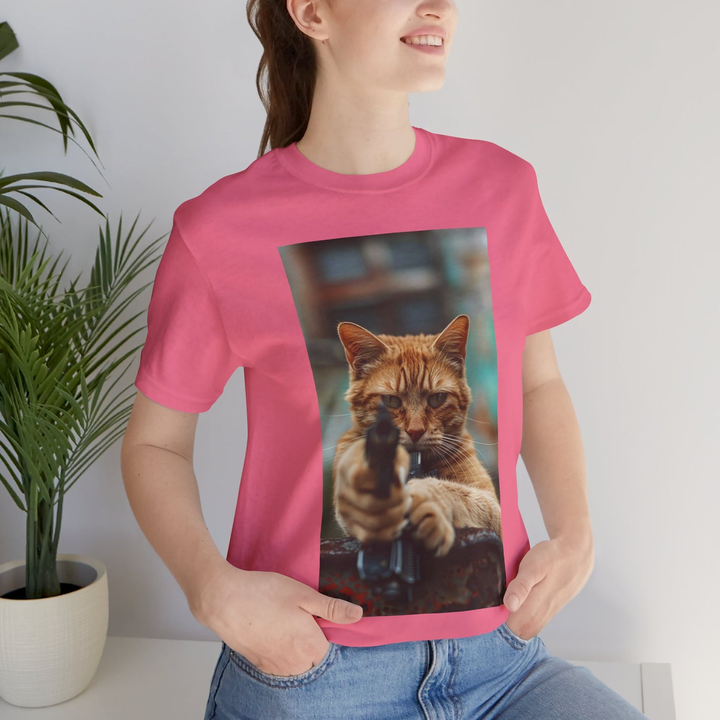 Stealth Paws: Feline Hitman Women's Jersey Short Sleeve Tee - Quirky Cat-Themed Apparel for Fashion-Forward Cat Lovers