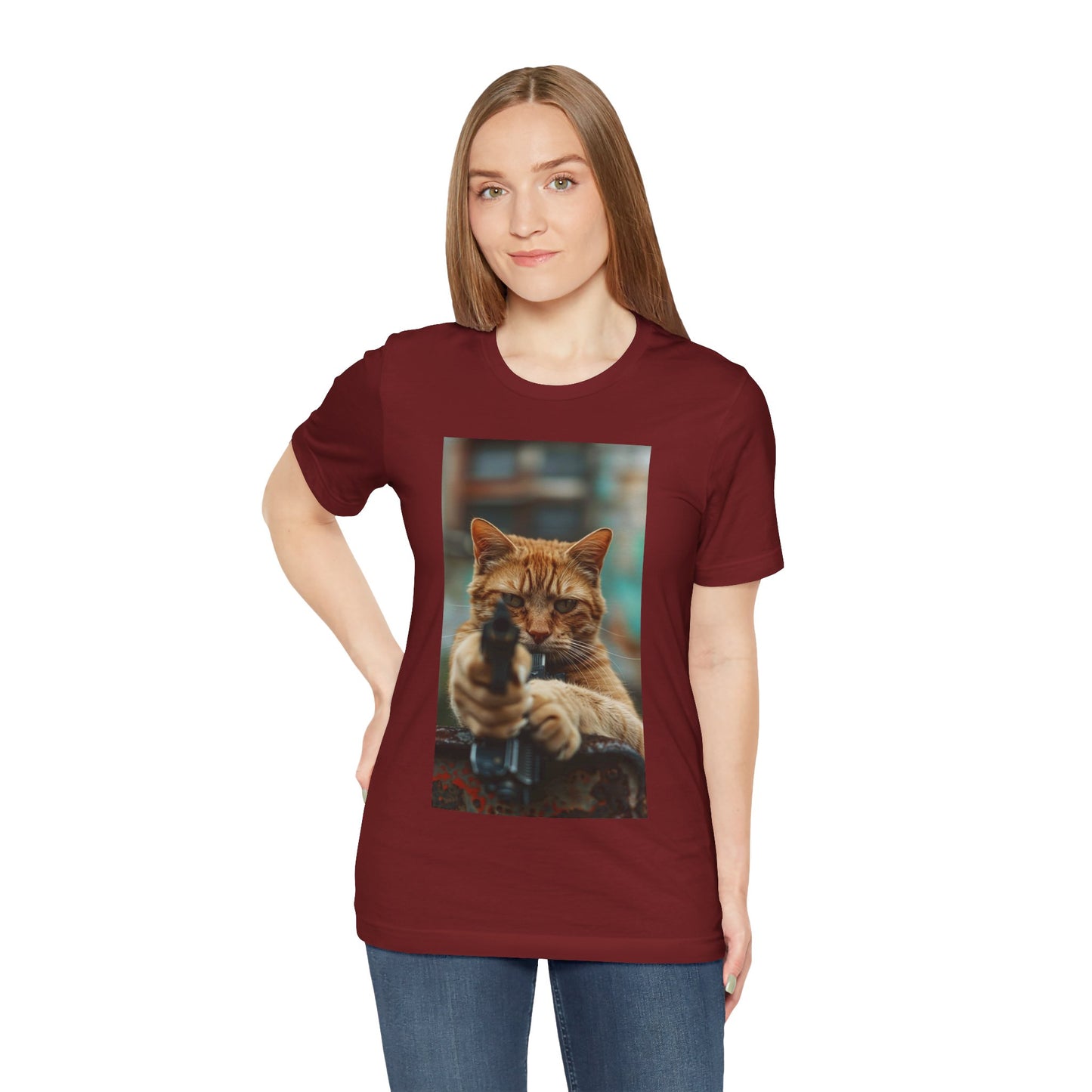 Stealth Paws: Feline Hitman Women's Jersey Short Sleeve Tee - Quirky Cat-Themed Apparel for Fashion-Forward Cat Lovers