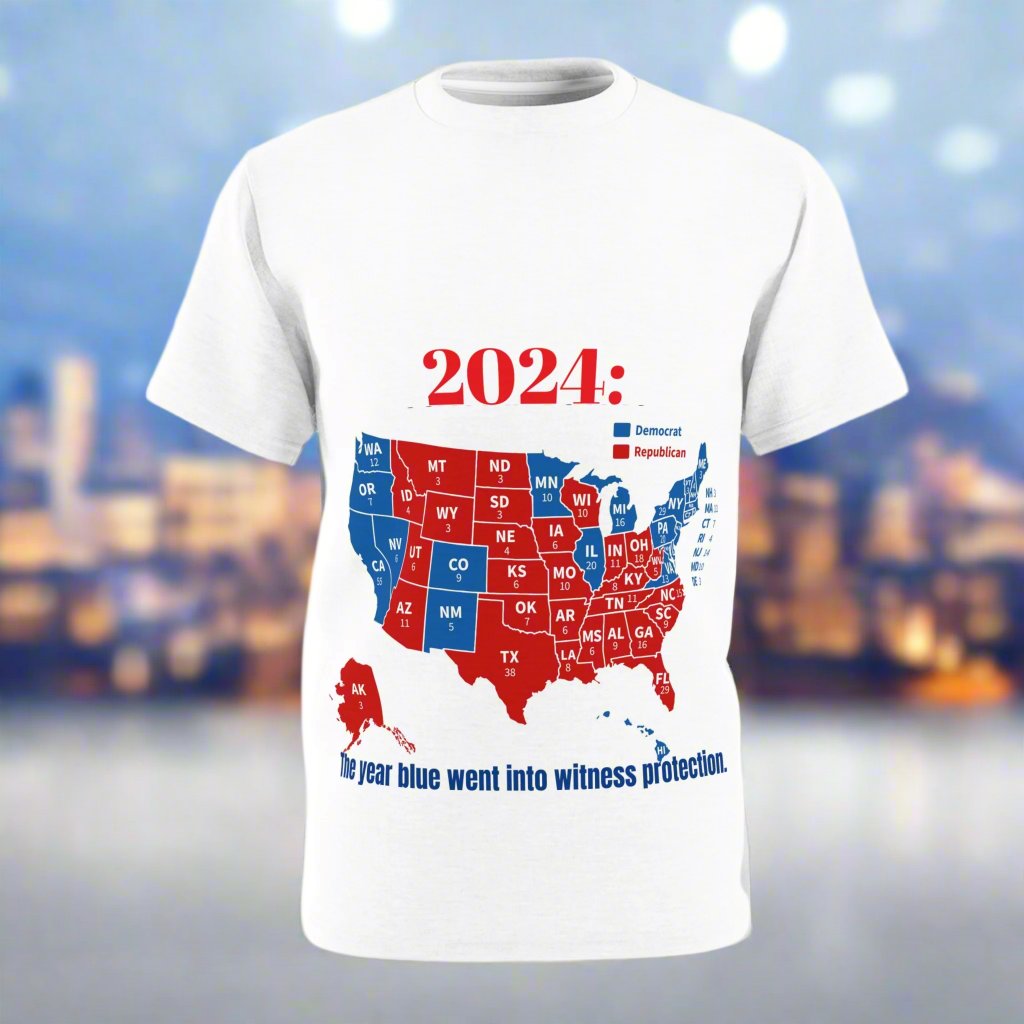 The image showcases a unisex cut & sew tee with an all-over print map of the 2024 US election results, featuring an overwhelming red design. The comfortable fit and high-quality fabric make it ideal for everyday wear.