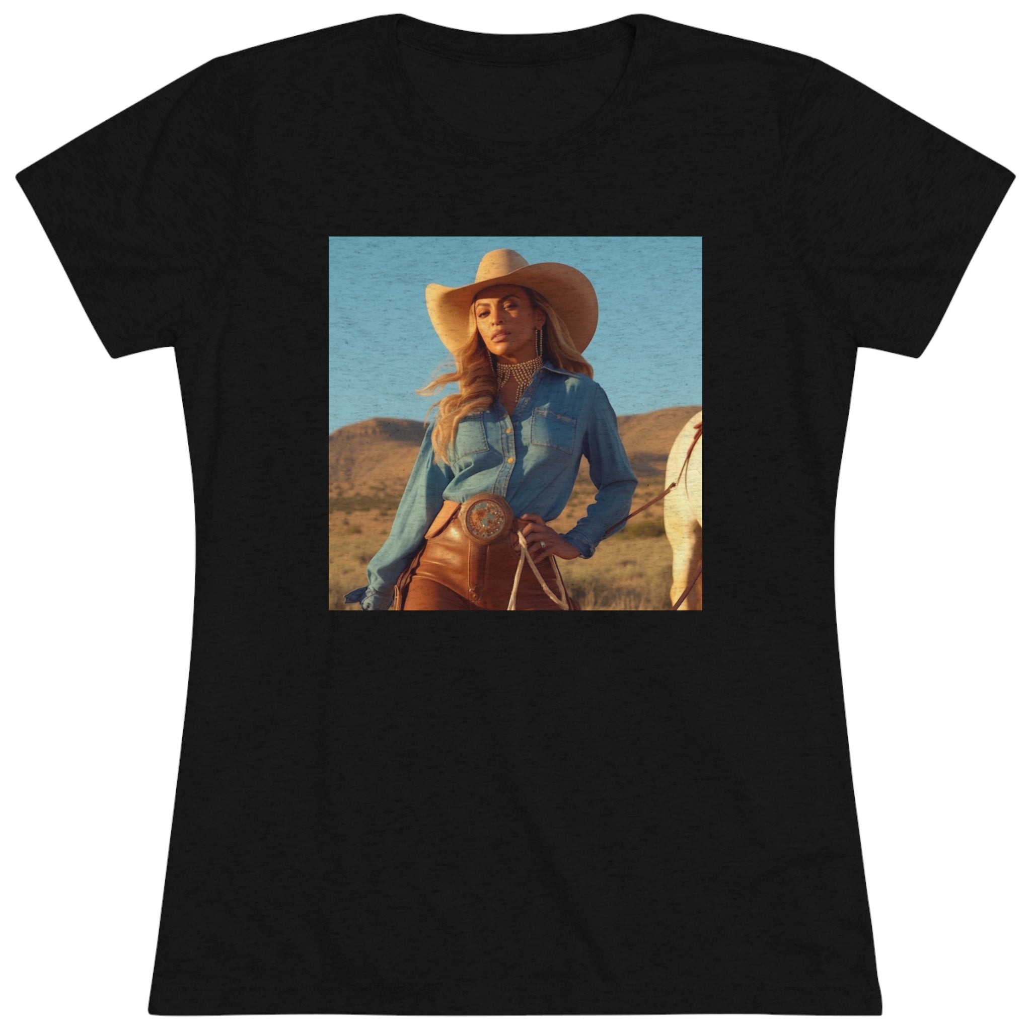 "Rodeo Queen Rhapsody: Bey's Country Charm" Women's Tri-Blend Tee - A Fashionable Homage to Country Music's Beloved Star, Perfect as a Stylish & Comfortable Gift for Her