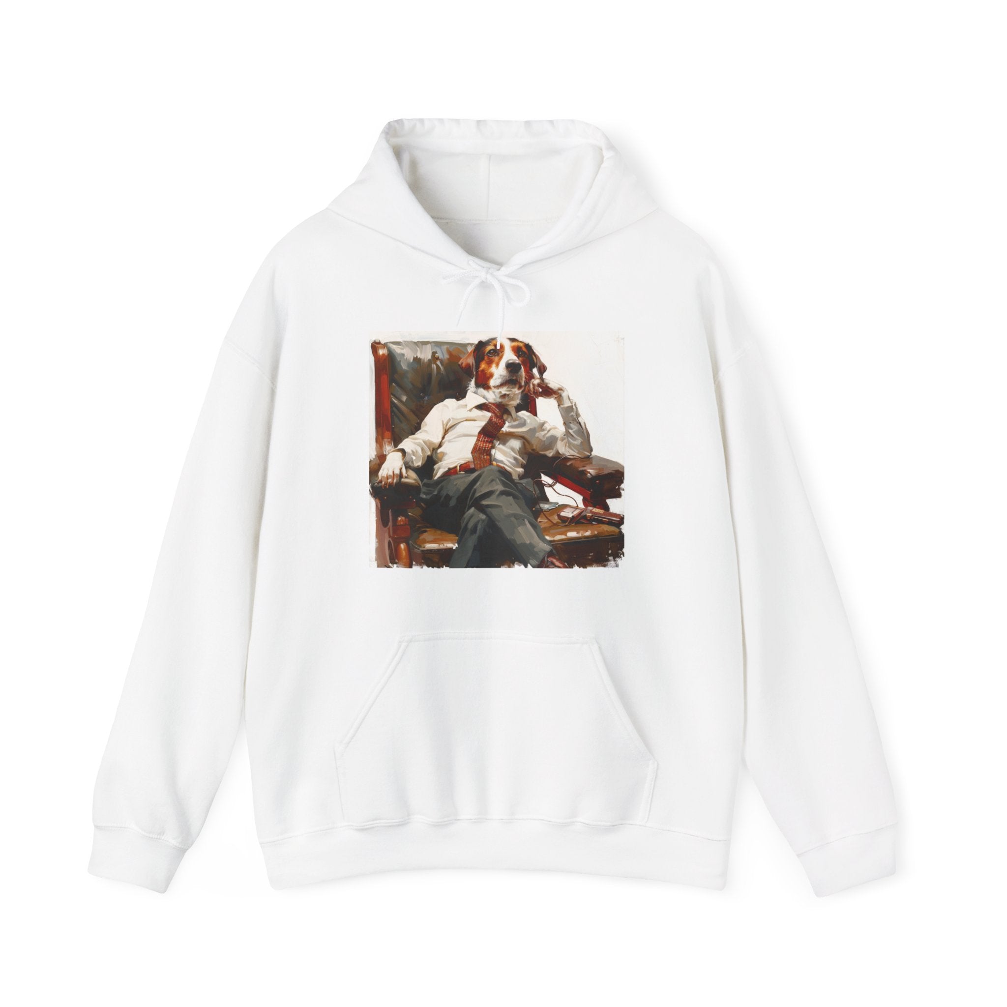 The image showcases a cozy unisex heavy blend hooded sweatshirt featuring a detailed illustration of a dog dressed as a CEO, inspired by Norman Rockwell's artistic style. The design is both humorous and sophisticated, with the hoodie’s soft, comfortable fabric and relaxed fit making it ideal for any casual occasion.