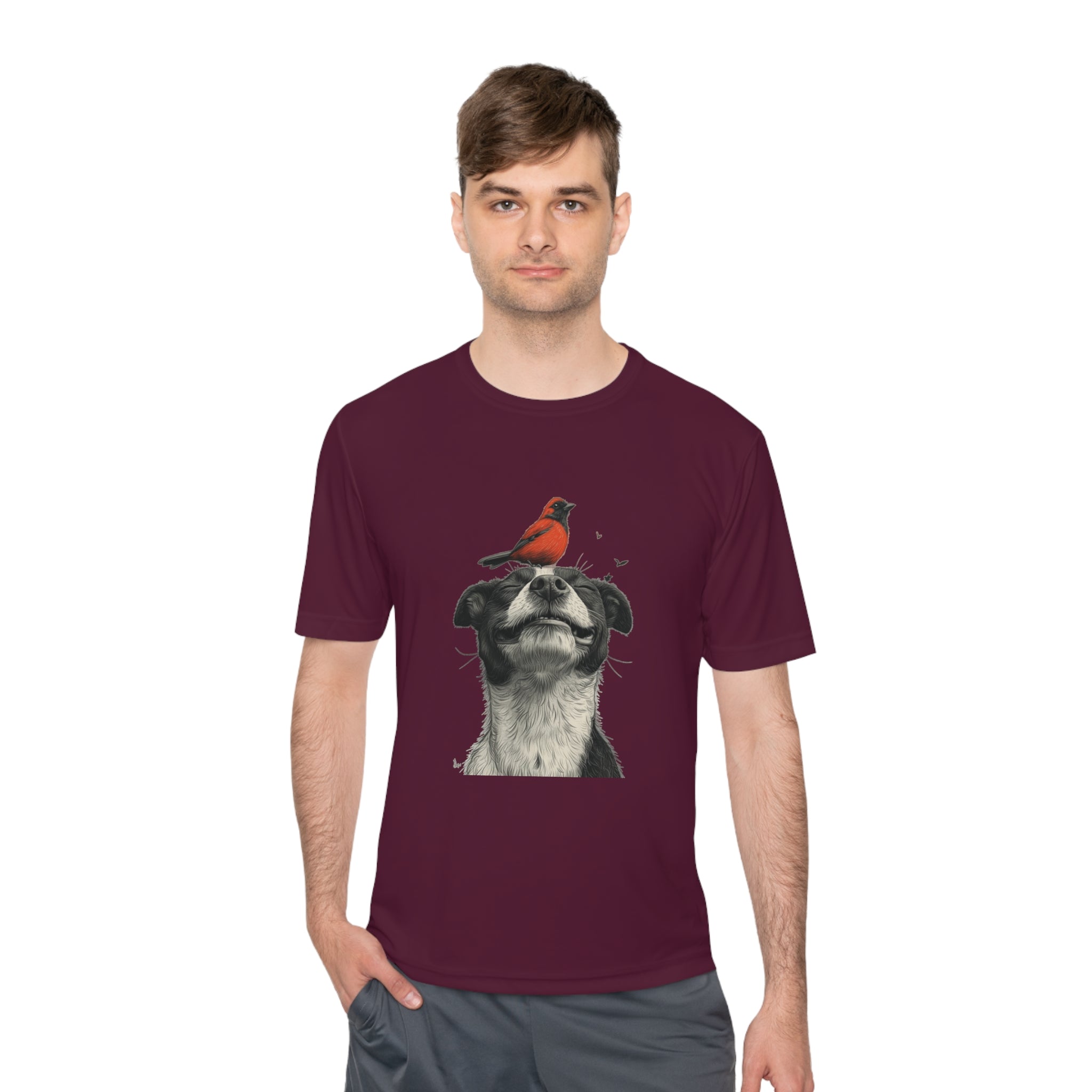 Perfect for Casual Fridays! Dog and Bird Pals Unisex MoistuDog and Bird Pals Unisex Moisture Wicking Tee - Comfortable and Stylish Apparel for Animal Loversre Wicking Tee - Comfortable and Stylish Apparel for Animal Lovers