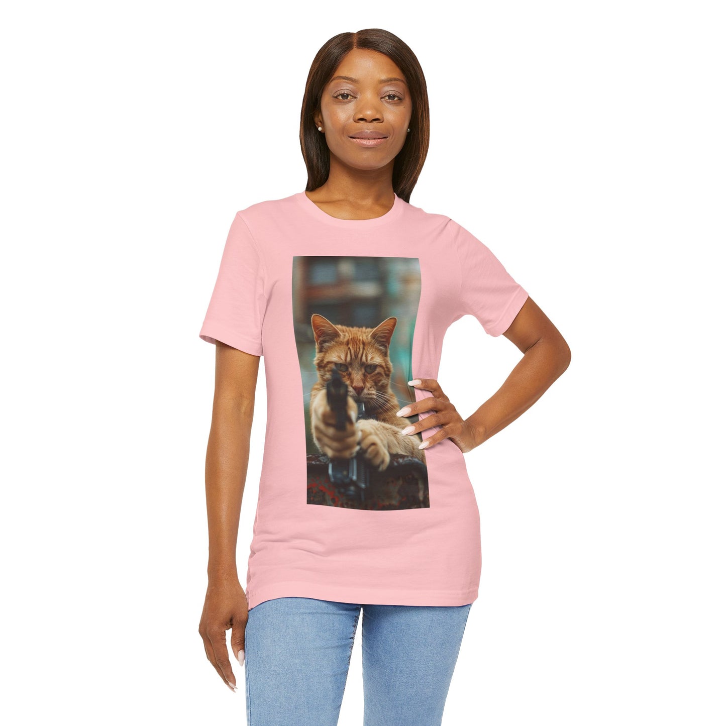 Stealth Paws: Feline Hitman Women's Jersey Short Sleeve Tee - Quirky Cat-Themed Apparel for Fashion-Forward Cat Lovers