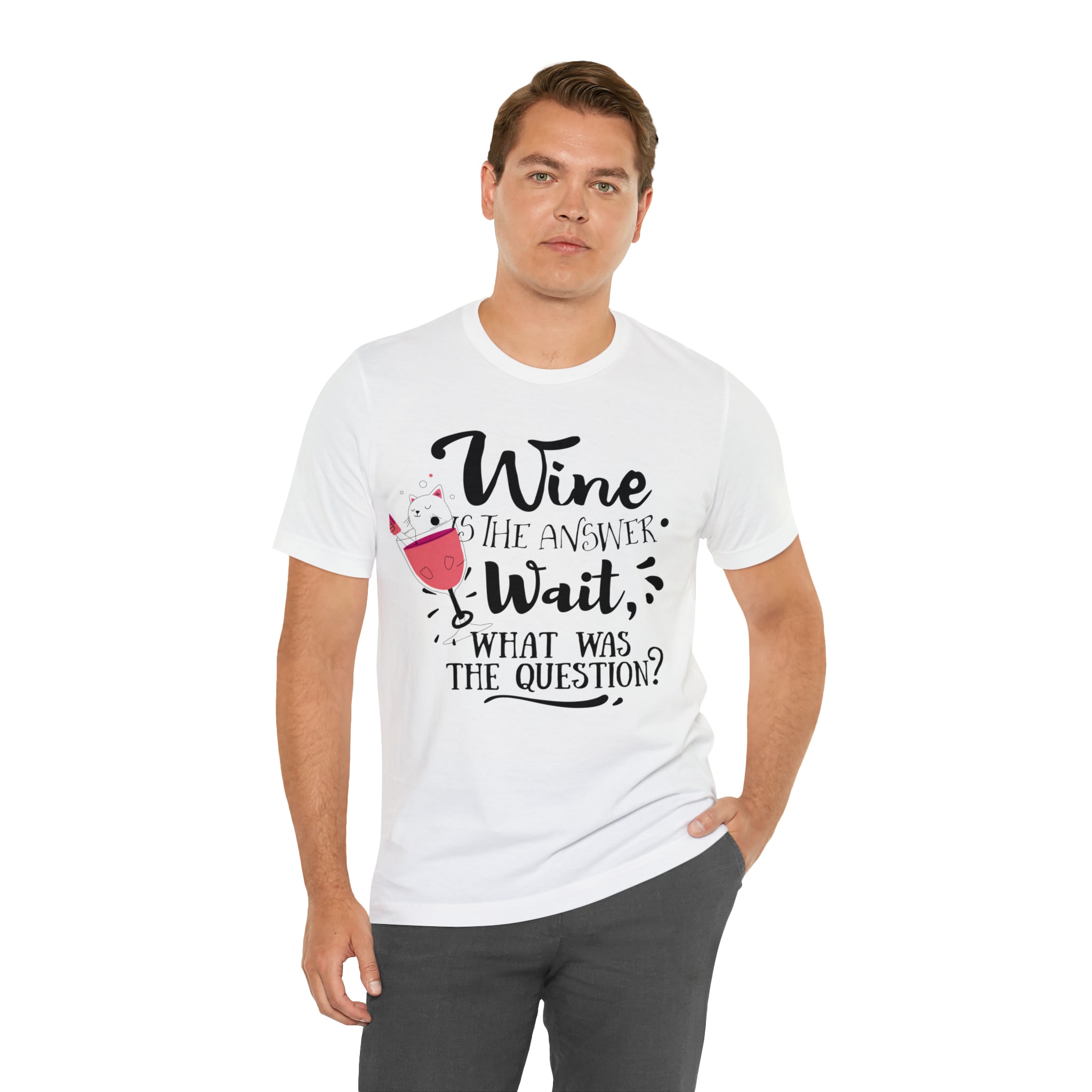 Women's Jersey Short Sleeve Tee -- "Wine is the Answer, Wait What's the Question?" T-shirt for Wine Lovers Gift for Her