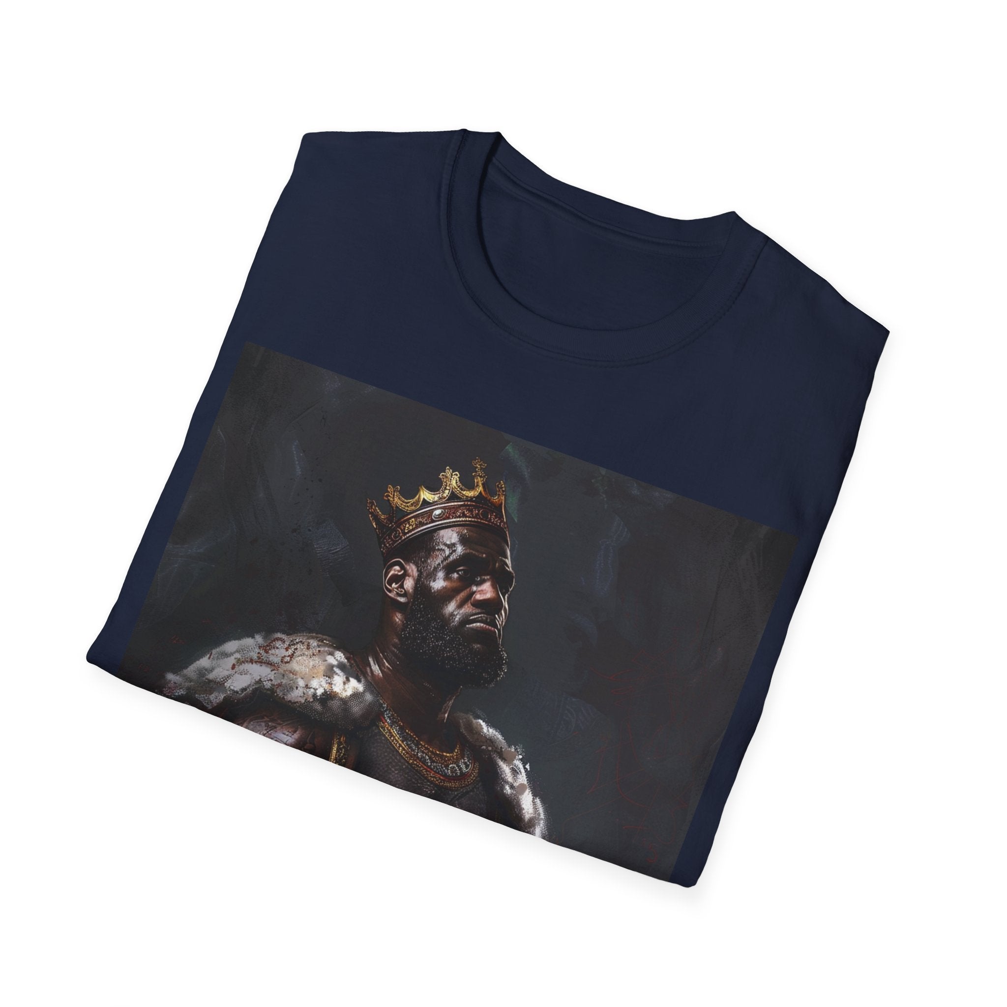 The image showcases the sophisticated unisex softstyle t-shirt, featuring a detailed and artistically rendered portrait of King James in the style of a Renaissance painting. The quality of the softstyle material is evident, promising comfort and durability, while the design speaks to the blend of sports legacy and classical elegance. Inspired by Lebron James