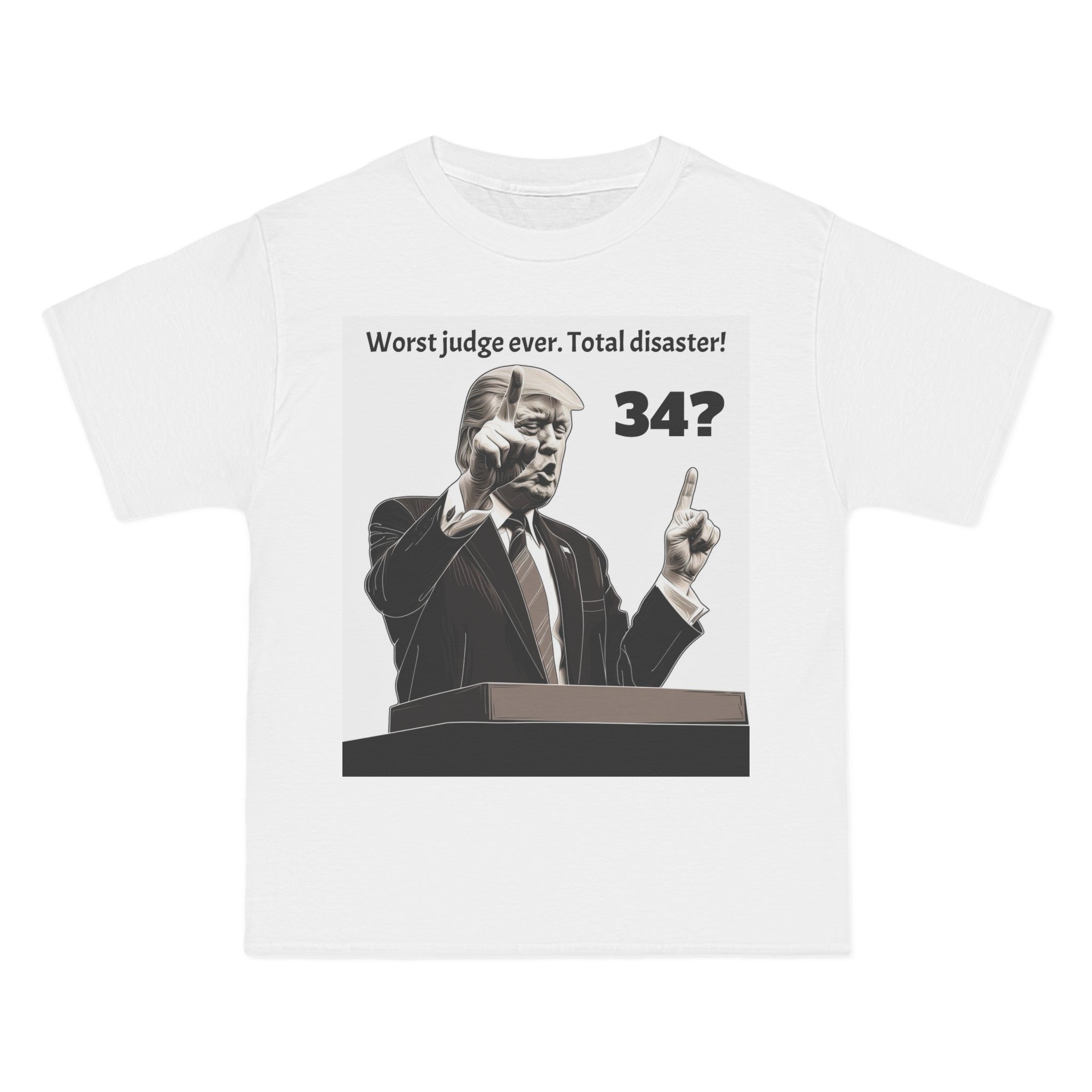The image displays a robust, comfortable Beefy-T® short-sleeve t-shirt in a classic color. The front is emblazoned with the phrase "34 Counts? Worst Judge Ever" in bold, attention-grabbing typography, reflecting a satirical take on political narratives. The shirt’s quality and fit are highlighted, promising both style and comfort for the politically aware.
