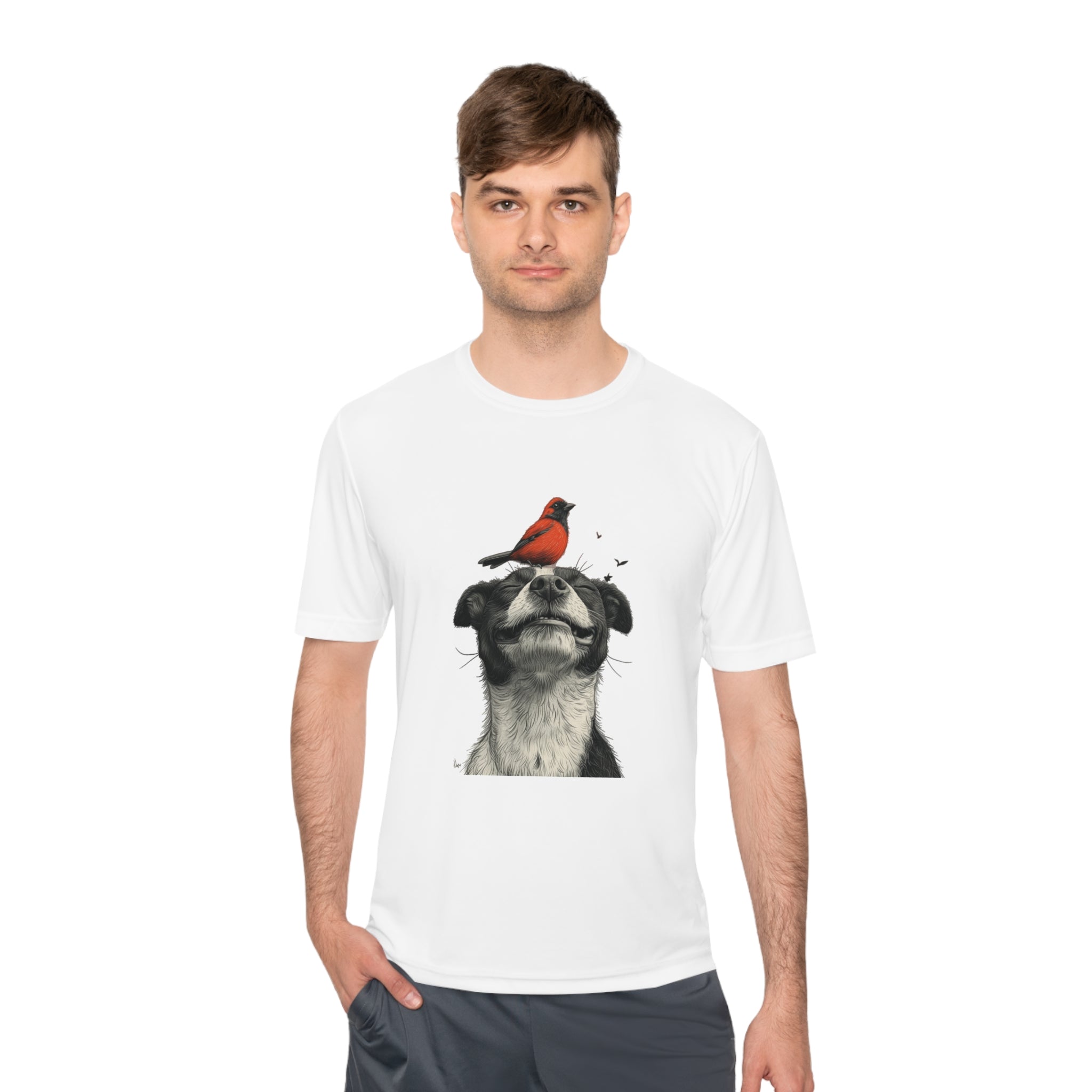 Perfect for Casual Fridays! Dog and Bird Pals Unisex MoistuDog and Bird Pals Unisex Moisture Wicking Tee - Comfortable and Stylish Apparel for Animal Loversre Wicking Tee - Comfortable and Stylish Apparel for Animal Lovers