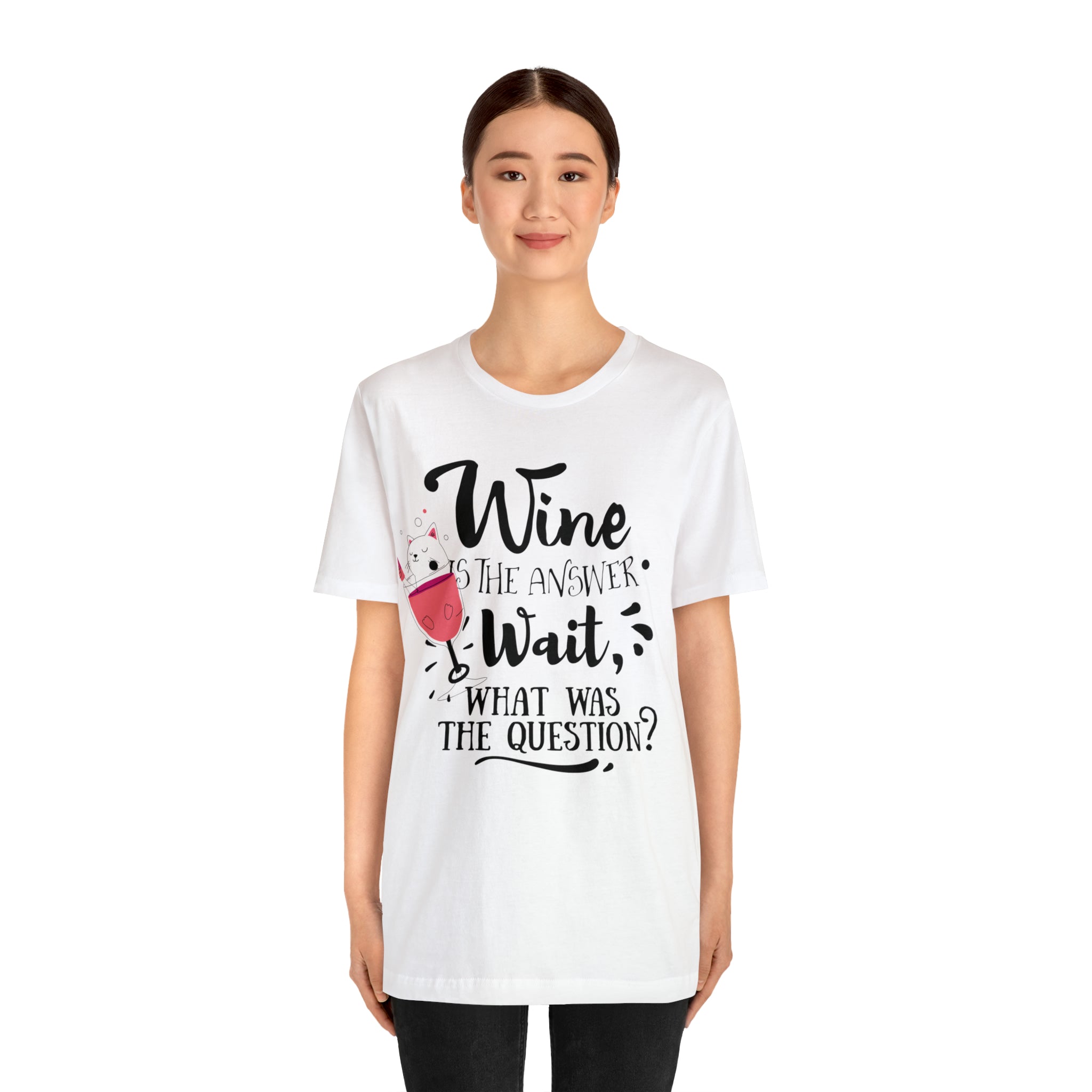 Women's Jersey Short Sleeve Tee -- "Wine is the Answer, Wait What's the Question?" T-shirt for Wine Lovers Gift for Her