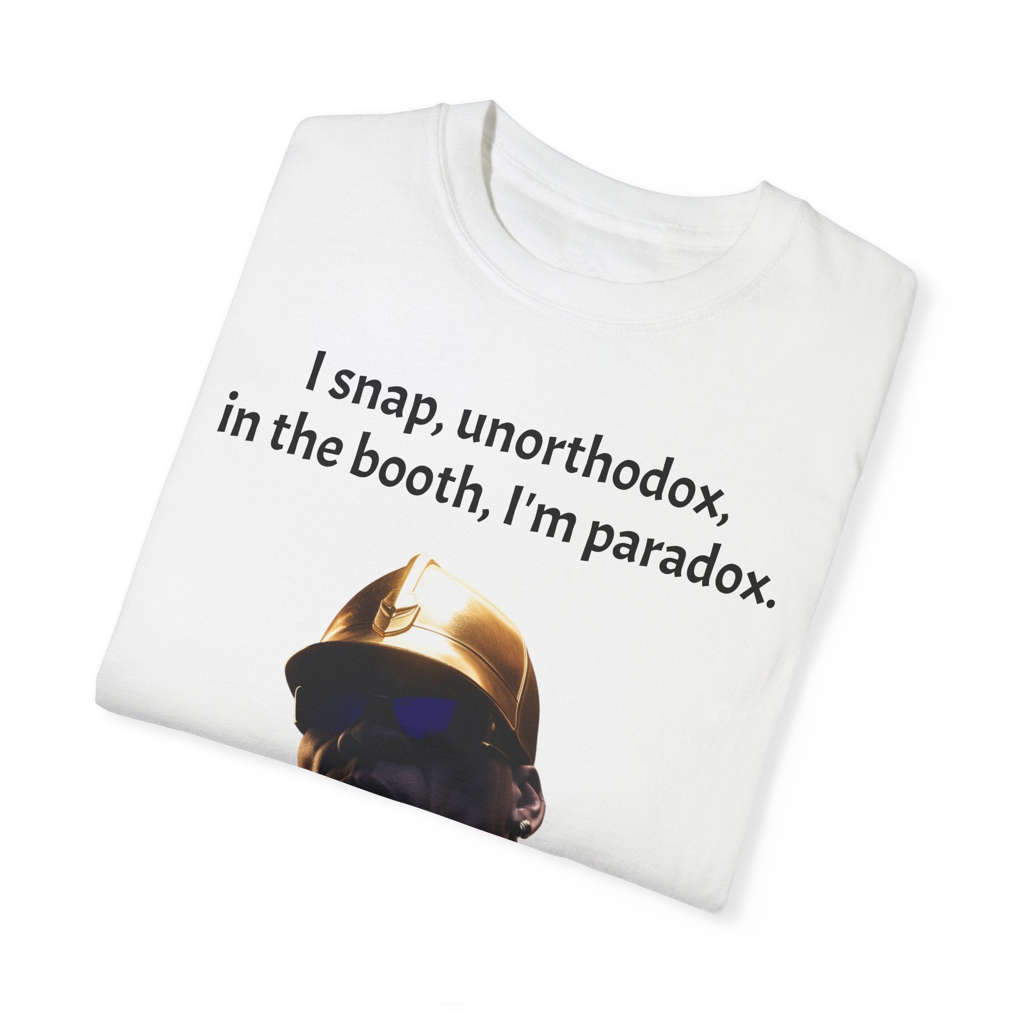 Lyrically Mad Titan T-Shirt: 'I Snap, Unorthodox, in the Booth, I'm Paradox' - Cosmic Warlord Inspired Hip Hop Unisex Garment-Dyed Tee for Urban Wear Enthusiasts