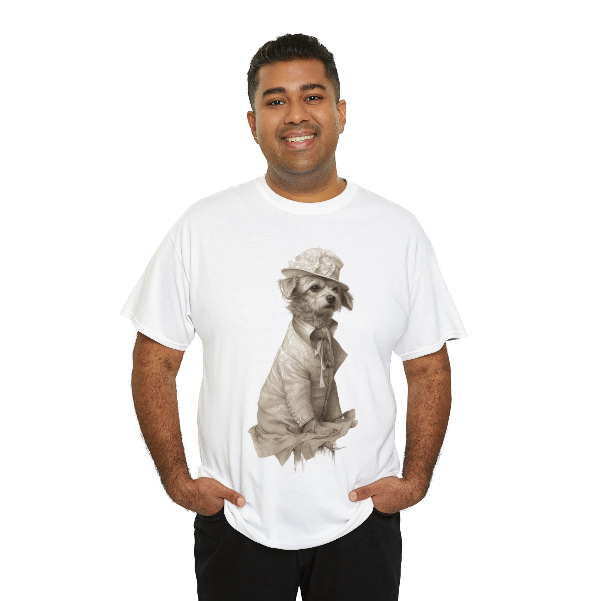 Unisex Heavy Cotton Tee-Distinguished Canine Tramp" Unisex Heavy Cotton Tee - Pencil Drawn Art with Floral Accents