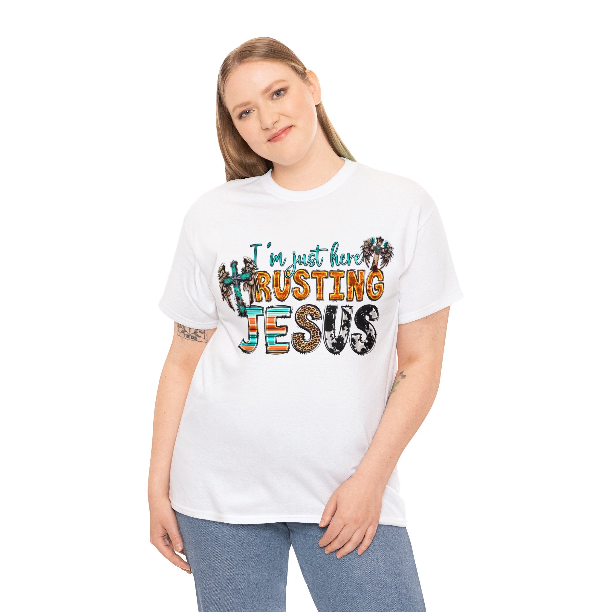 Embrace Faith and Spread Positivity with Our 'I'm Just Here Trusting Jesus' Unisex Heavy Cotton Tee: Wear Your Belief Proudly