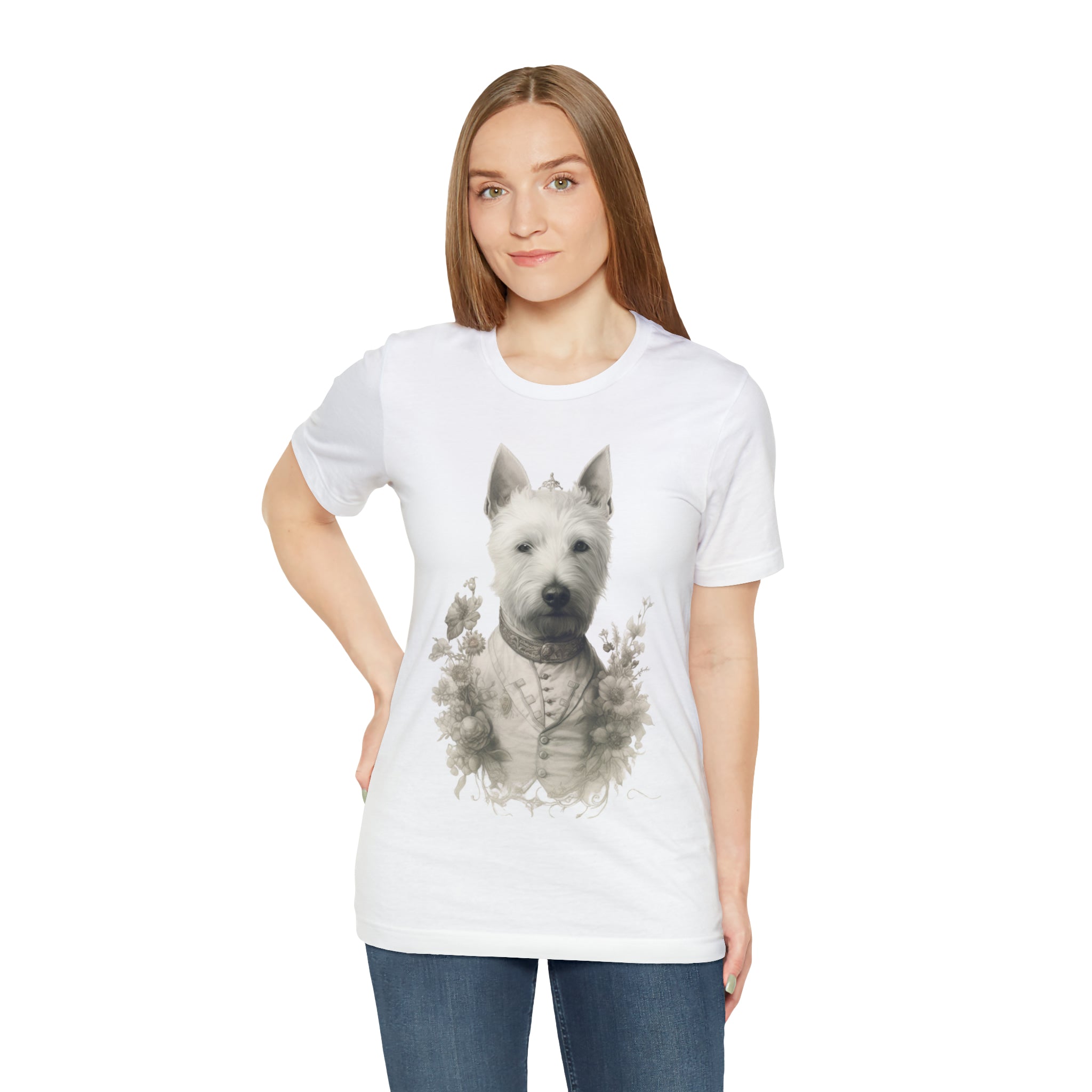 Unisex Jersey Short Sleeve Tee-"Distinguished Dog" Tee - Pencil Drawn Art, Floral Accents - Ideal Gift for Dog and Art Lovers