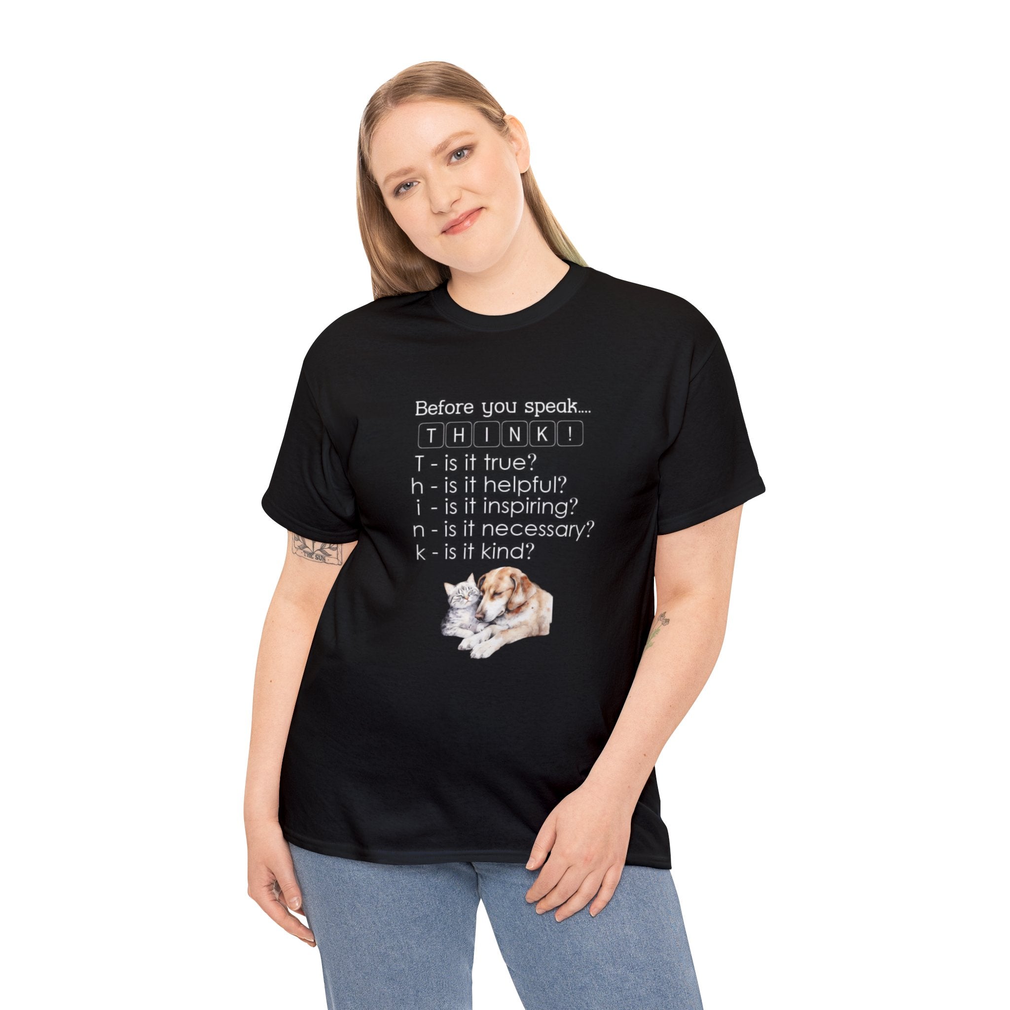 T.H.I.N.K Acronym Kindness Dog and Cat Comfy Friends Unisex Heavy Cotton Tee - Spread Positivity & Friendship