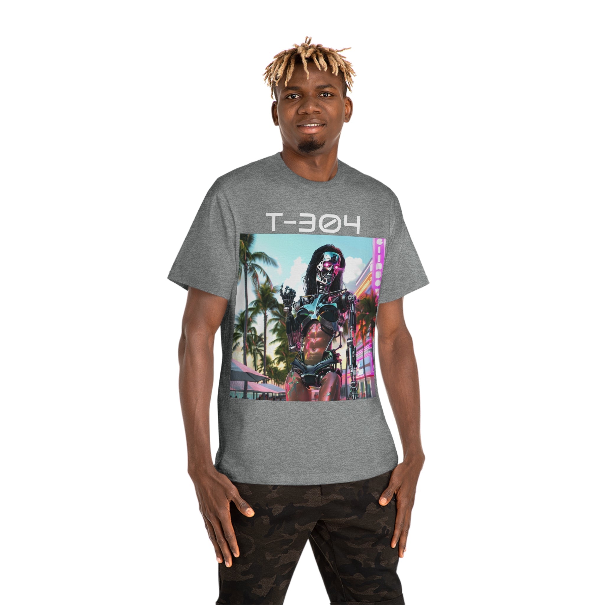 The image highlights a stylish unisex Hammer™ T-shirt, featuring a vibrant, retro sci-fi inspired design with a glamorous twist on the Terminator theme. The tee showcases the high-quality fabric and the fashion-forward print that merges vintage charm with contemporary fashion sensibilities.