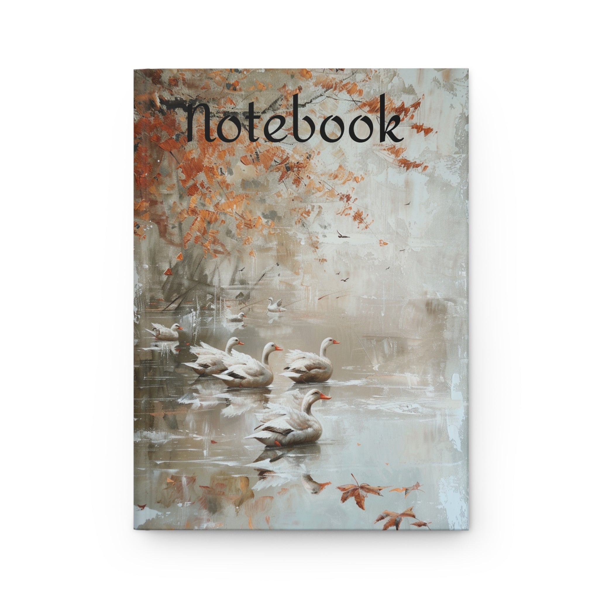 The image showcases a hardcover journal with a matte finish, featuring a serene illustration of geese gliding across a spring lake. The high-quality, acid-free paper and durable cover are highlighted, making it perfect for everyday writing and reflection.