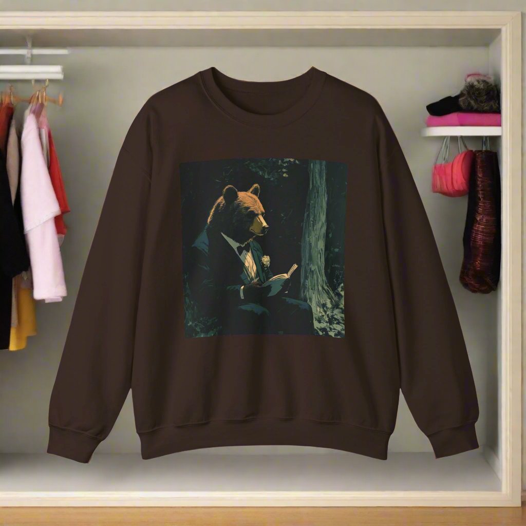 The image features a comfortable unisex crewneck sweatshirt with a playful and dapper bear dressed in gentlemanly attire. The high-quality fabric and relaxed fit are also highlighted, making it an ideal choice for casual yet stylish wear.