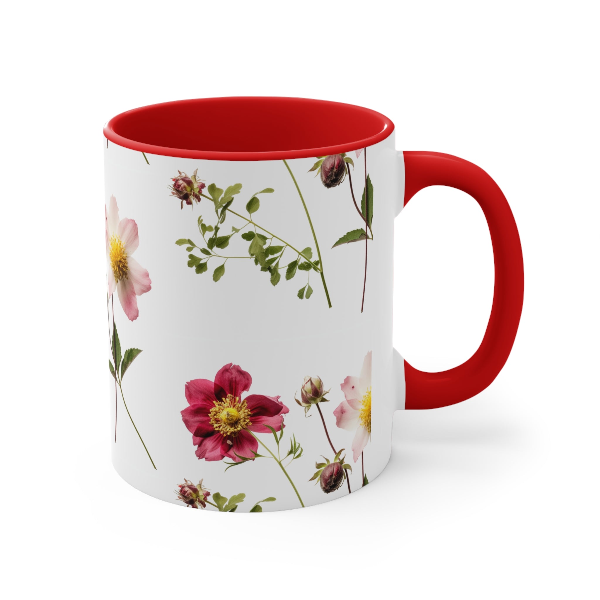 11oz accent coffee mug, Summer Flowers design, ceramic tea cup, handcrafted, vibrant floral gift, unique home decor