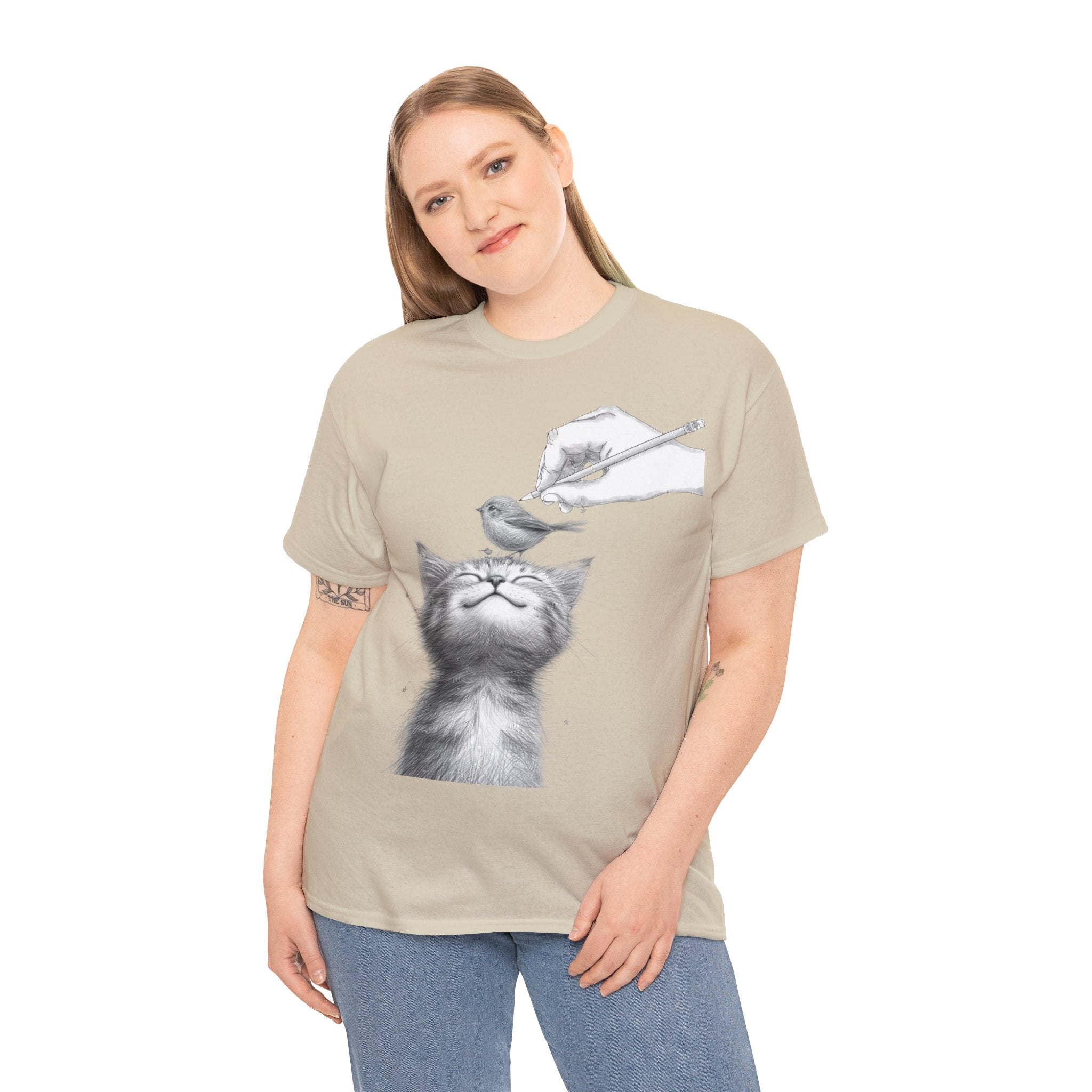 Cute Top for Artist Gift Women's Discover Artistic Elegance: Sketch Hand Drawing Bird and Cat Friendship Unisex Heavy Cotton Tee - Unique Design for Art Enthusiasts