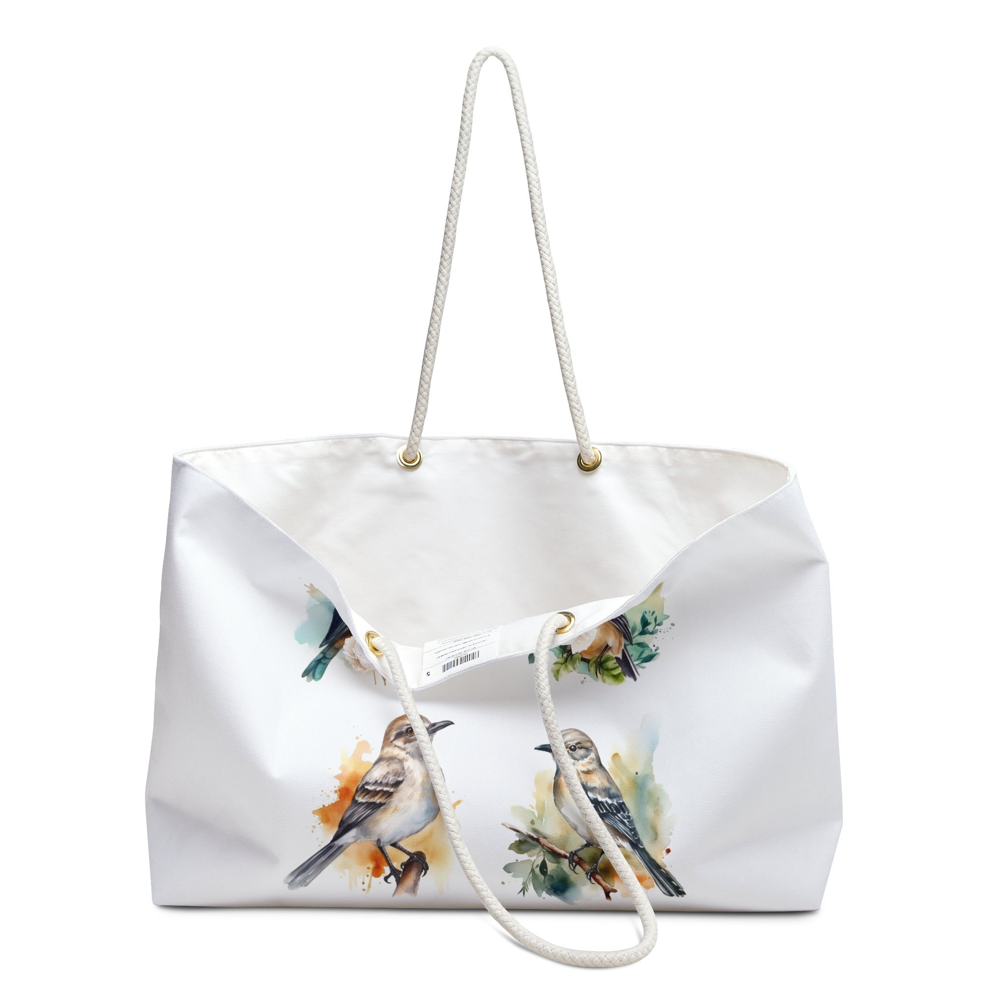 Oversized Weekender Tote Bag with Watercolor Bird Illustration, Perfect for Beach or Town, Durable with Thick Rope Handles