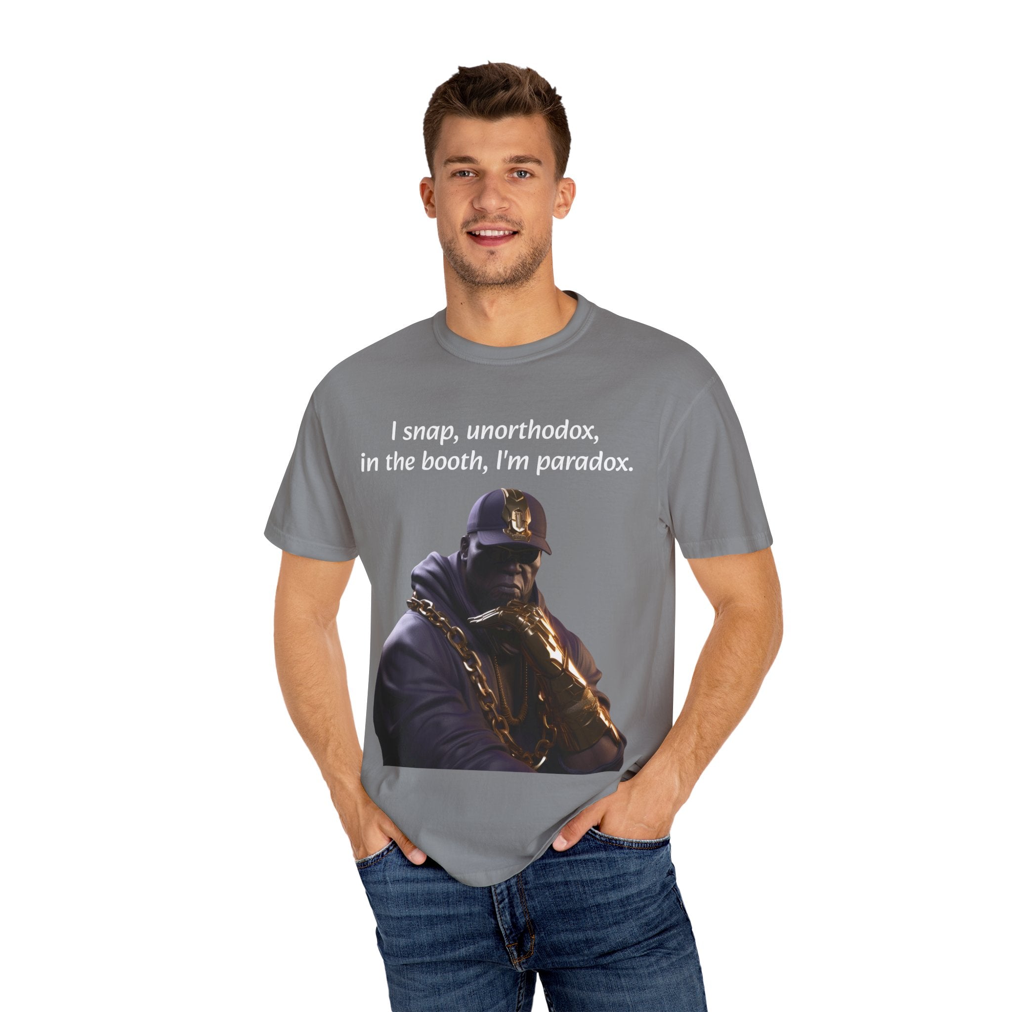 Lyrically Mad Titan T-Shirt: 'I Snap, Unorthodox, in the Booth, I'm Paradox' - Cosmic Warlord Inspired Hip Hop Unisex Garment-Dyed Tee for Urban Wear Enthusiasts