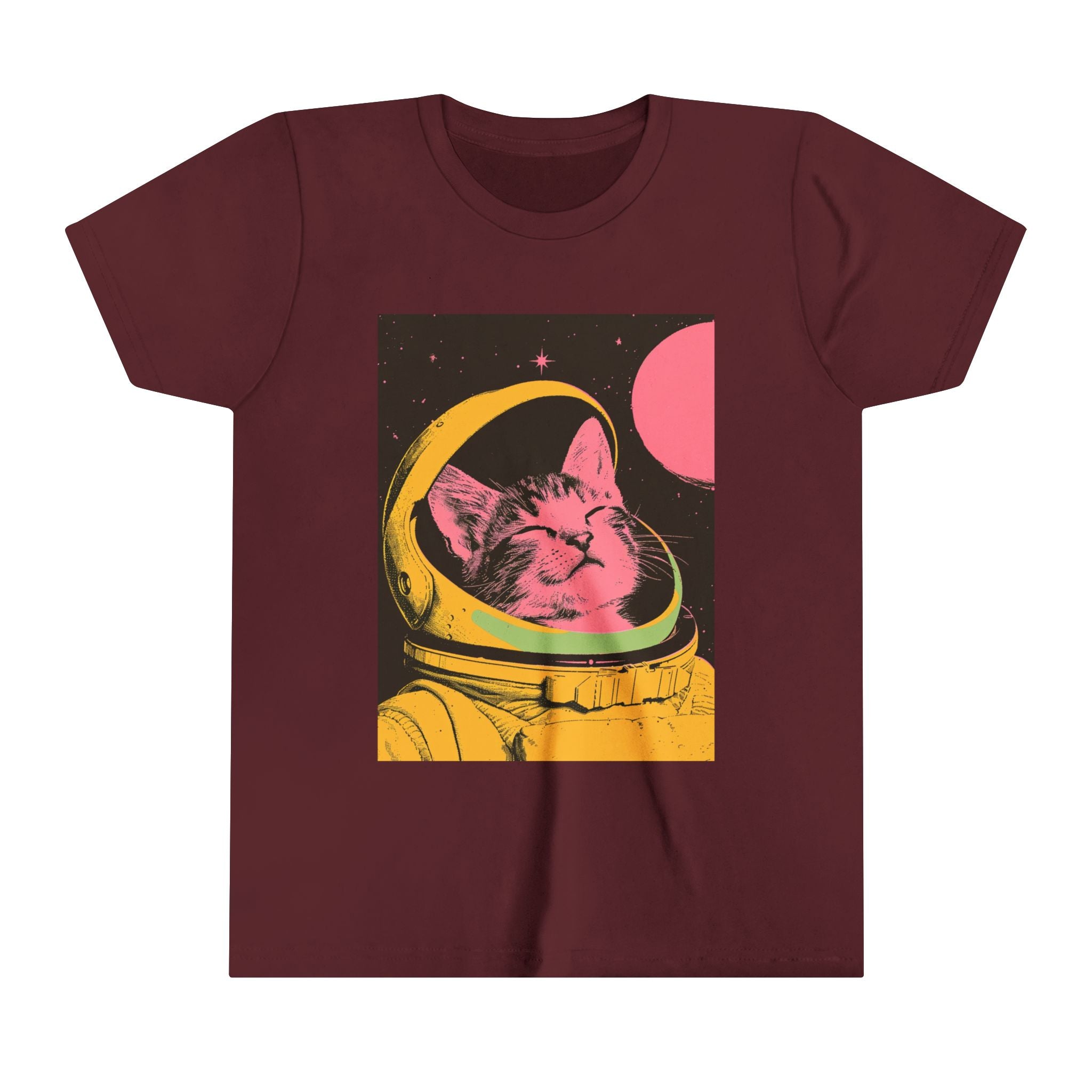 Astronaut cat youth tee, vintage pop art t-shirt, kids space adventure shirt, fun graphic tee for kids, comfortable short sleeve tee, durable youth clothing, playful cat design shirt, imaginative kids apparel, vibrant pop art tee, stylish children's shirt, soft and breathable fabric, high-quality kids tee, space-themed clothing, unique youth t-shirt, cosmic adventure apparel