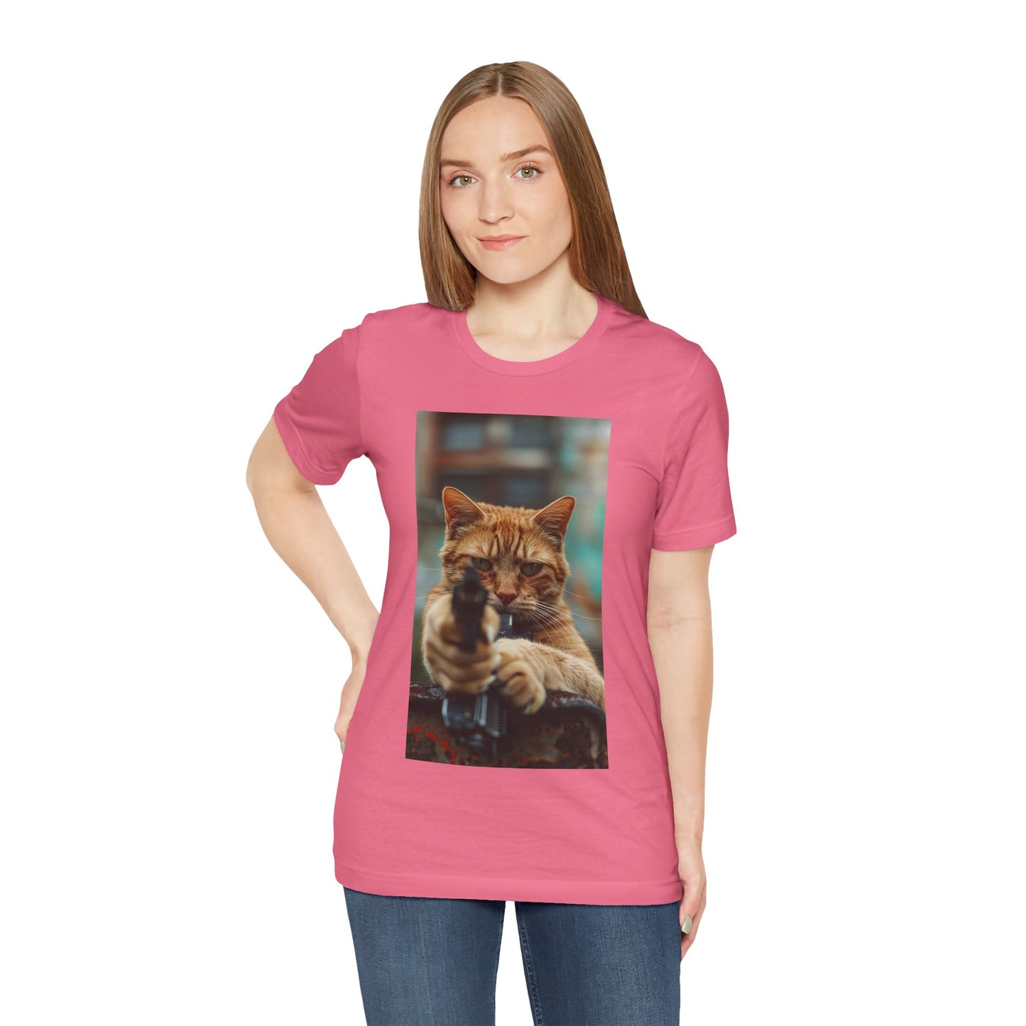 Stealth Paws: Feline Hitman Women's Jersey Short Sleeve Tee - Quirky Cat-Themed Apparel for Fashion-Forward Cat Lovers