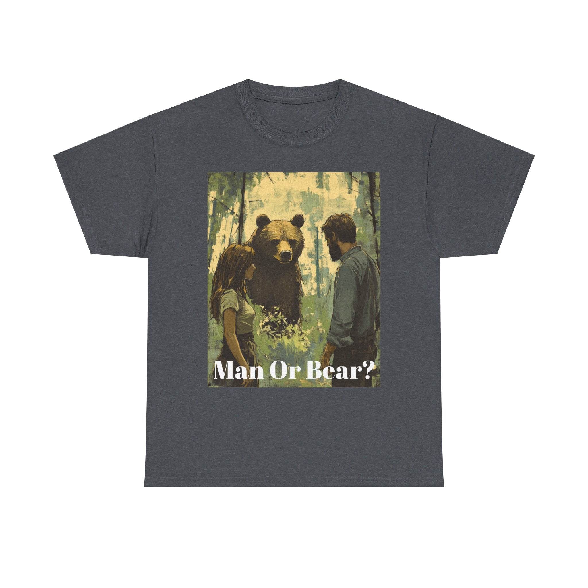 Wilderness Debate: 'Man or Bear?' Controversy Men's Heavy Cotton Tee - Embrace the Mystery