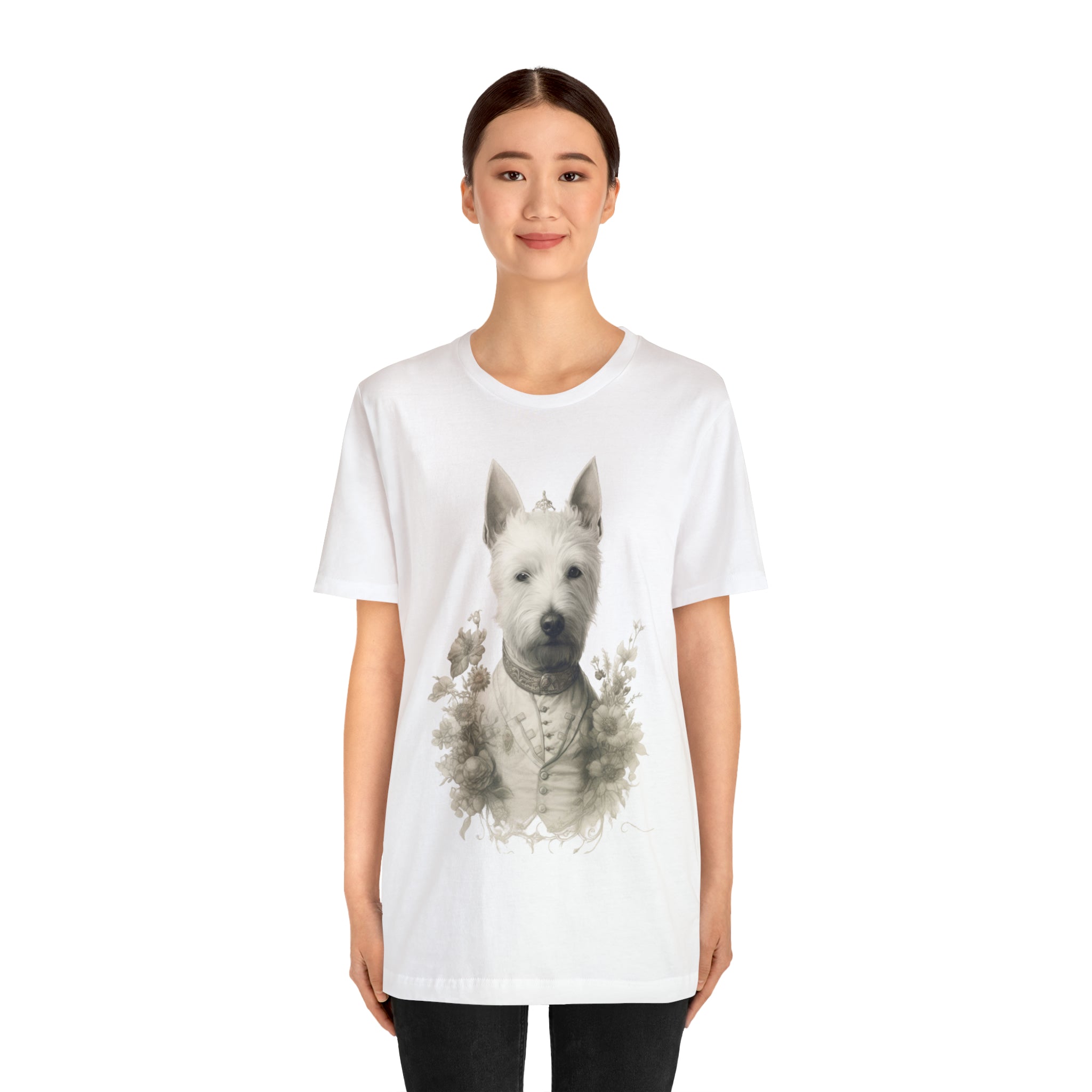 Unisex Jersey Short Sleeve Tee-"Distinguished Dog" Tee - Pencil Drawn Art, Floral Accents - Ideal Gift for Dog and Art Lovers