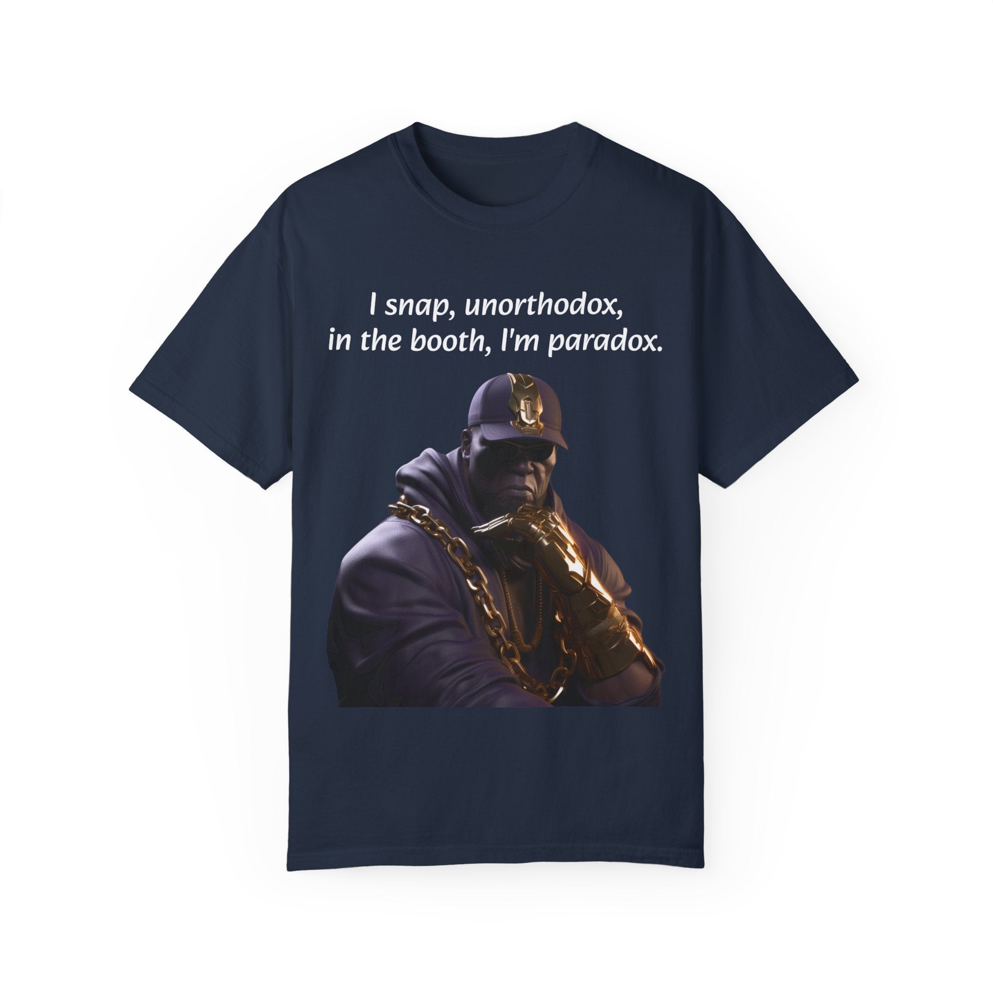 Lyrically Mad Titan T-Shirt: 'I Snap, Unorthodox, in the Booth, I'm Paradox' - Cosmic Warlord Inspired Hip Hop Unisex Garment-Dyed Tee for Urban Wear Enthusiasts