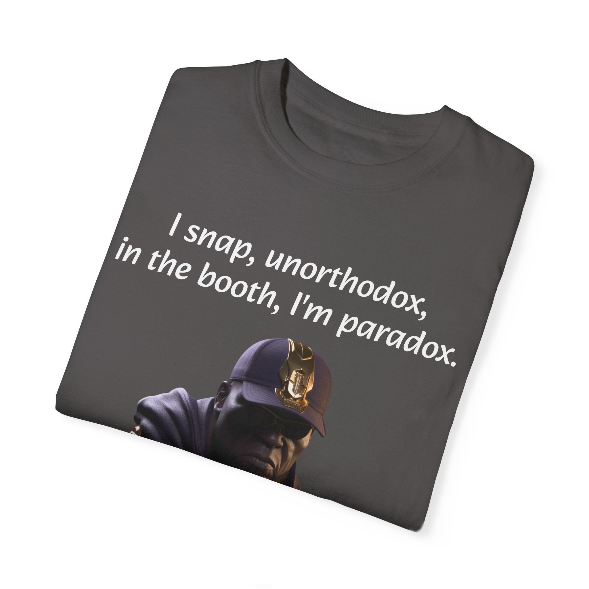 Lyrically Mad Titan T-Shirt: 'I Snap, Unorthodox, in the Booth, I'm Paradox' - Cosmic Warlord Inspired Hip Hop Unisex Garment-Dyed Tee for Urban Wear Enthusiasts