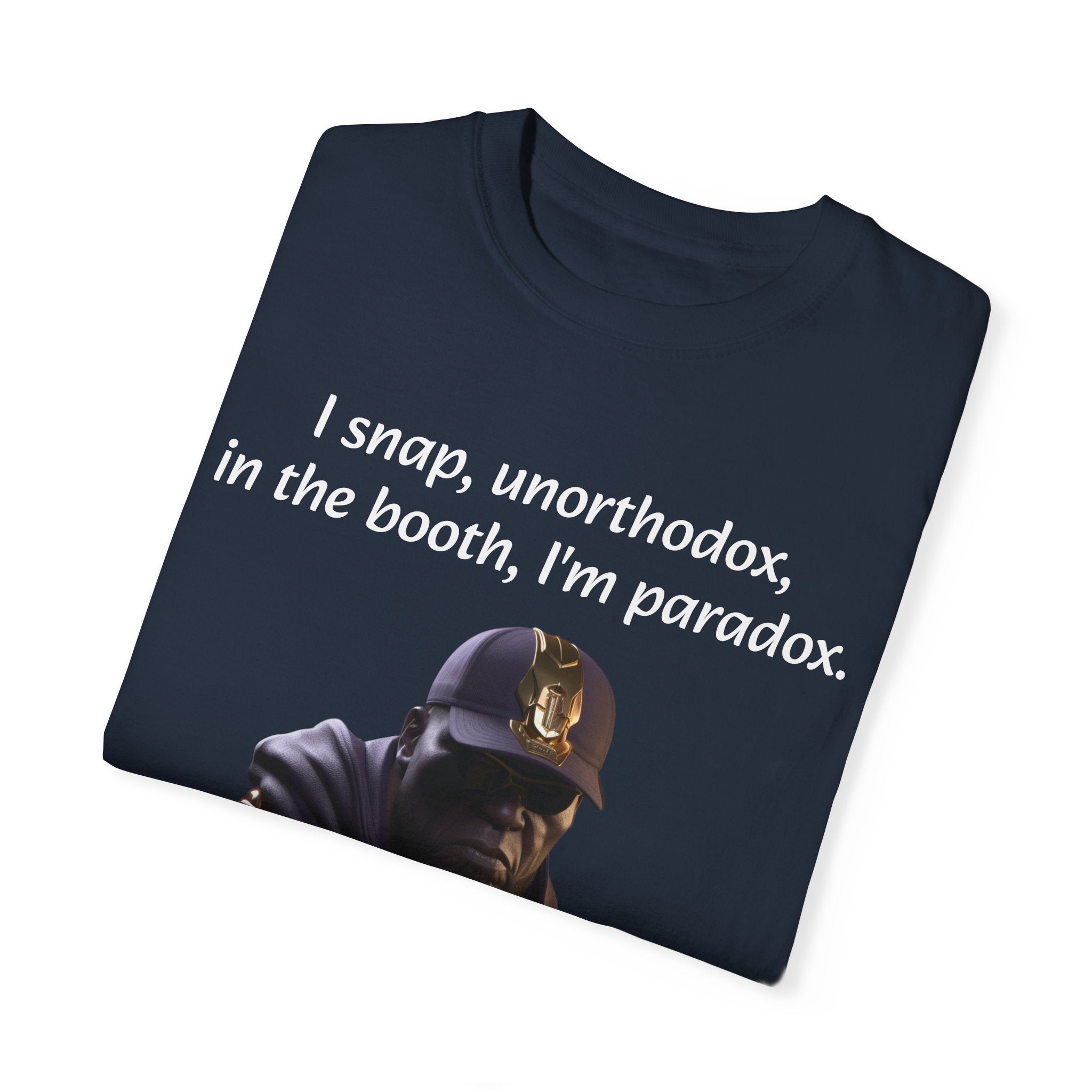 Lyrically Mad Titan T-Shirt: 'I Snap, Unorthodox, in the Booth, I'm Paradox' - Cosmic Warlord Inspired Hip Hop Unisex Garment-Dyed Tee for Urban Wear Enthusiasts