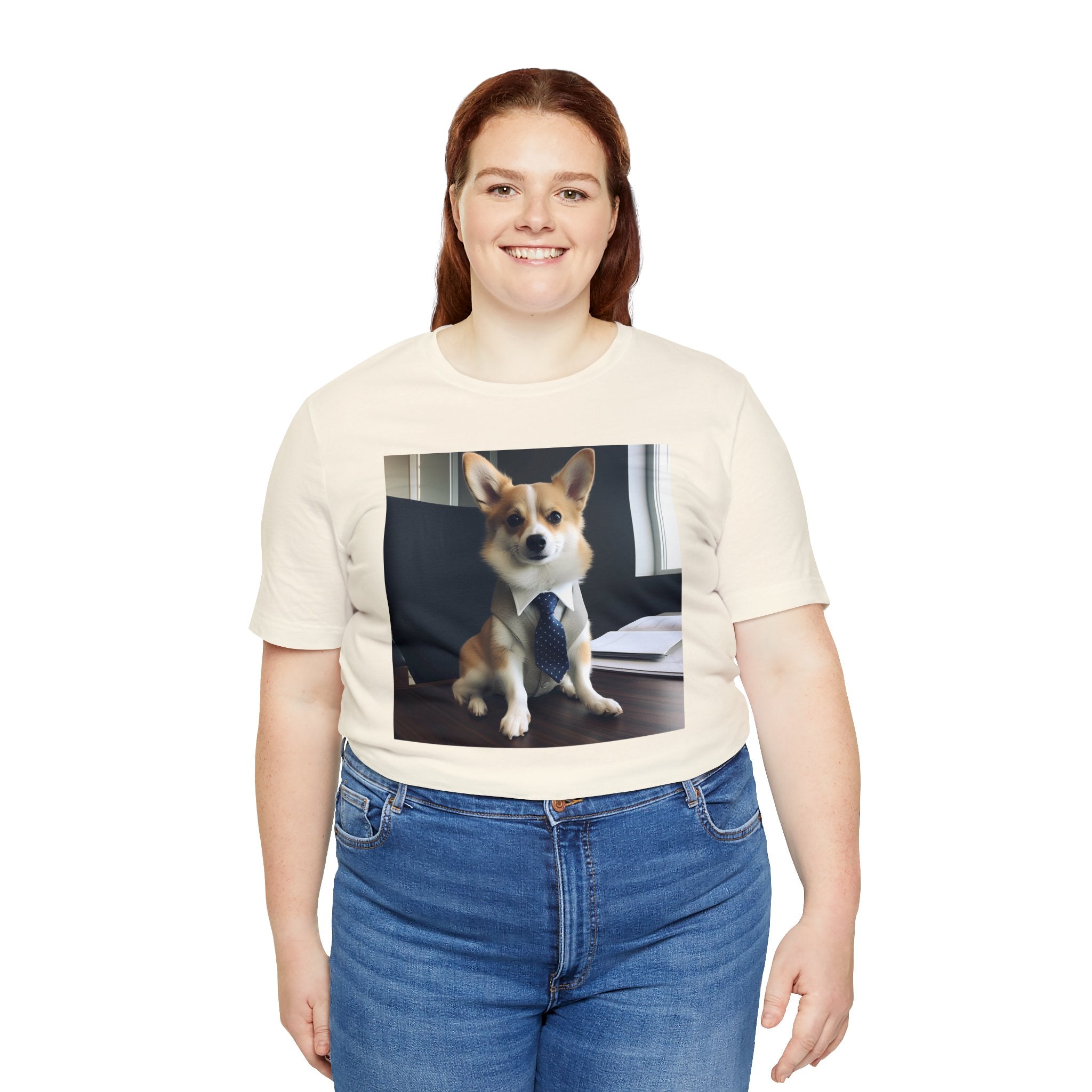 Cute Puppy in Interview Attire "Do I have the Job?"  Unisex Jersey Short Sleeve Tee - Funny Dog Interview Tee Gift for Dog Lovers and Pet Owners