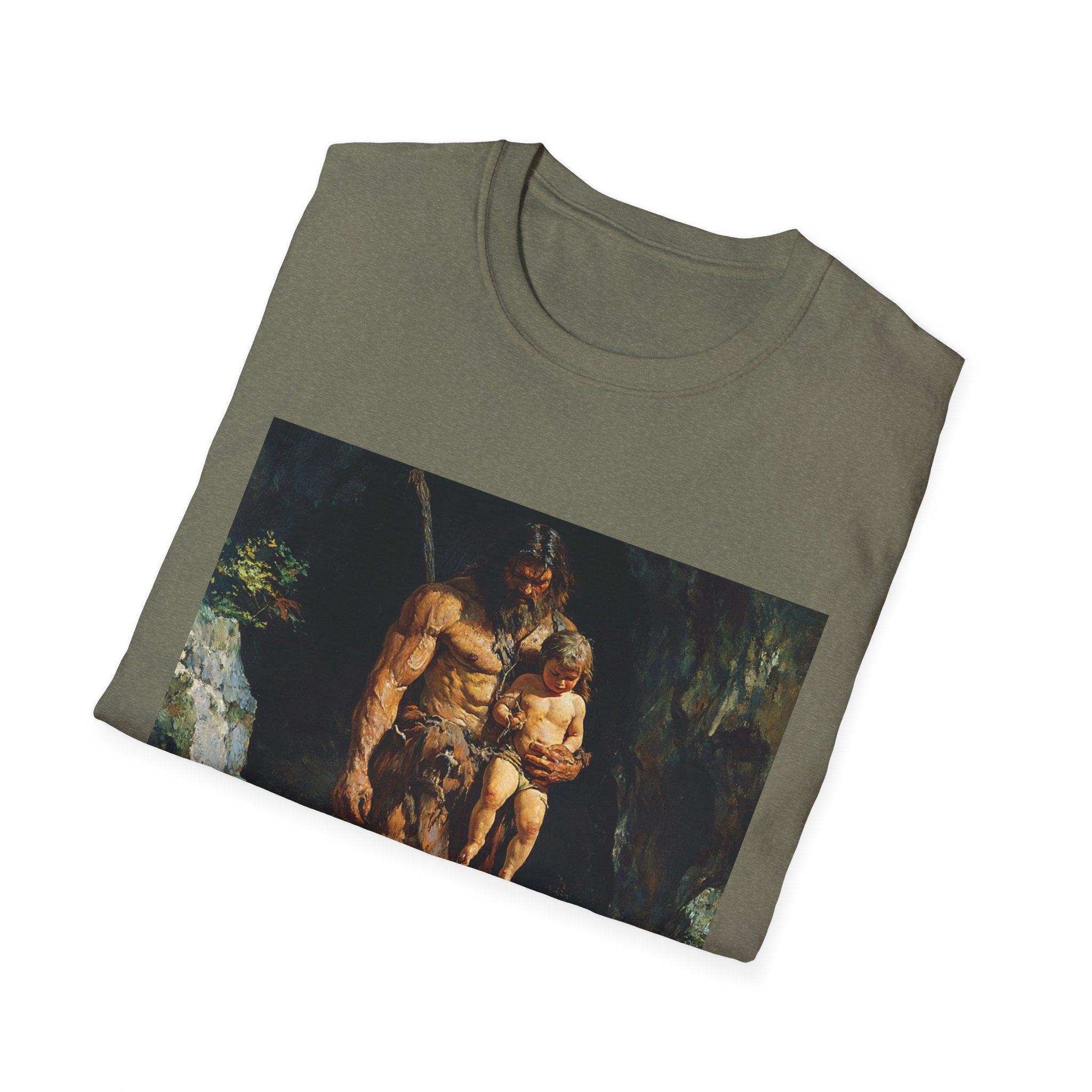 "Prehistoric Parenting: Caveman Caring Father Unisex Softstyle T-Shirt - A Nod to Timeless Fatherhood