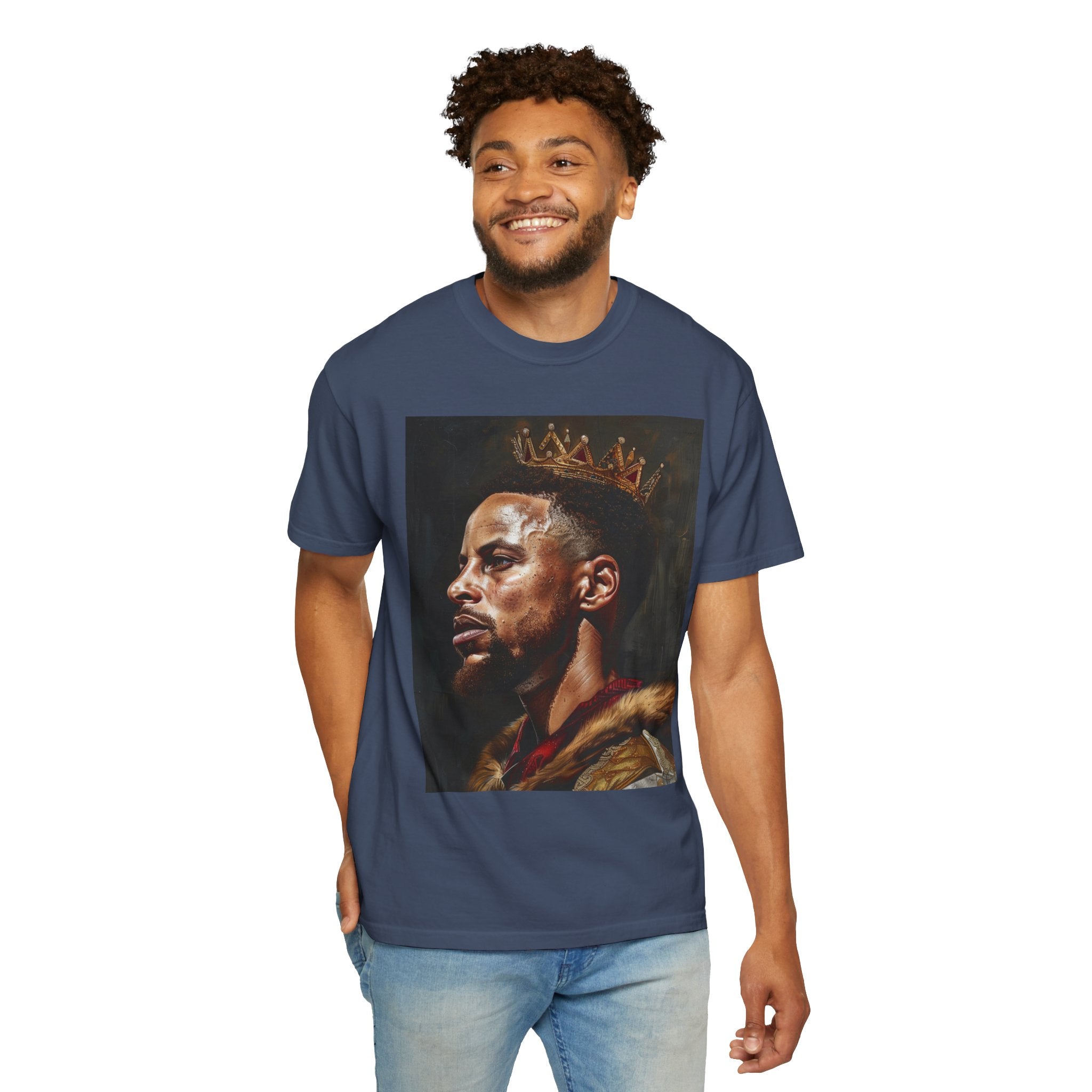 The image highlights the sophisticated and unique design of the unisex garment-dyed t-shirt, showcasing the detailed Renaissance-style painting of King Steph in action. The rich, garment-dyed colors set the perfect backdrop for the artwork, emphasizing the fusion of historical artistry and modern basketball culture.