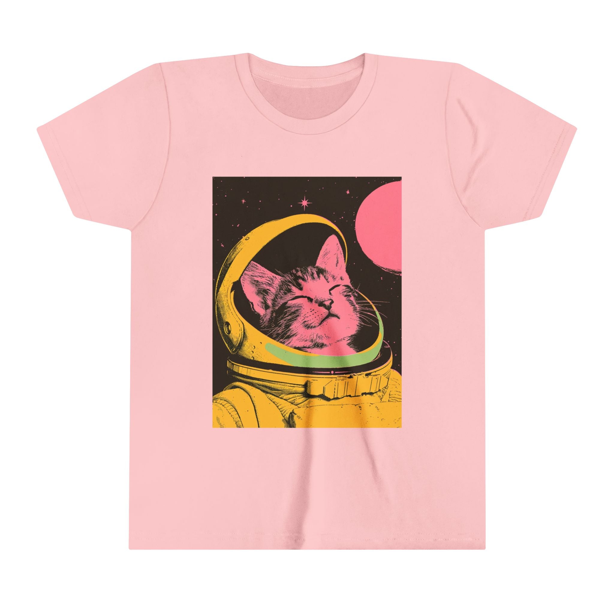 Cosmic Cool: Astronaut Cat Vintage Pop Art Youth Short Sleeve Tee - Bold Style for Young Explorers