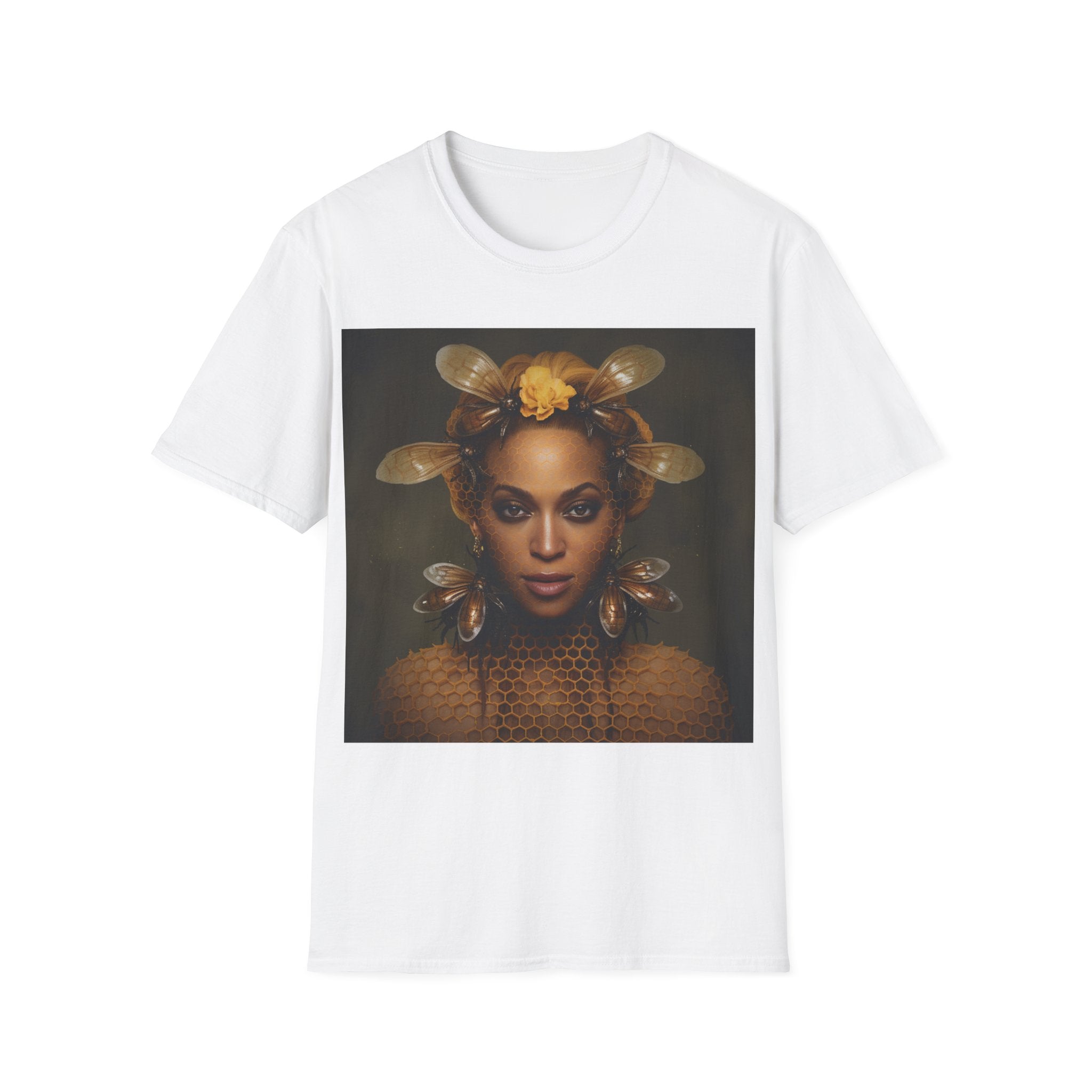This image showcases a stylish, softstyle unisex t-shirt featuring a unique design inspired by Beyoncé. The t-shirt is displayed in a flattering cut, emphasizing its high-quality fabric and the vibrant tribute artwork that celebrates the music icon's legacy.