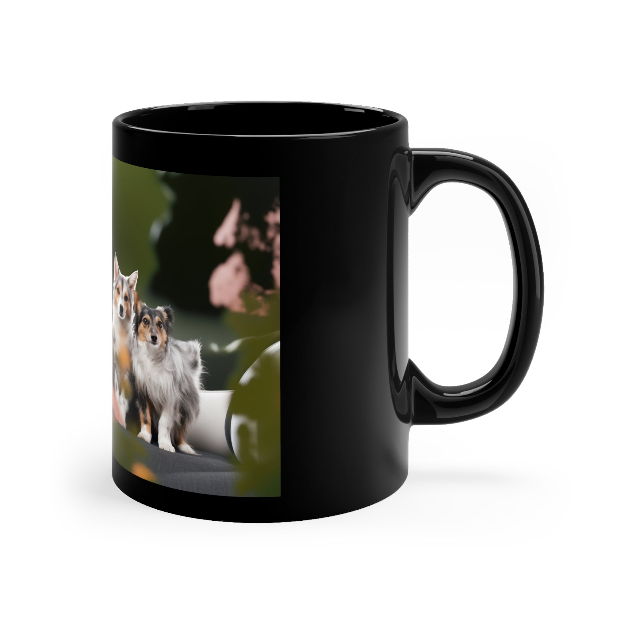 Photorealistic 11oz Black Mug Whimsical Pet Paradise  - Garden Delight with Dogs and Cats - Animal Lover's Drinkware