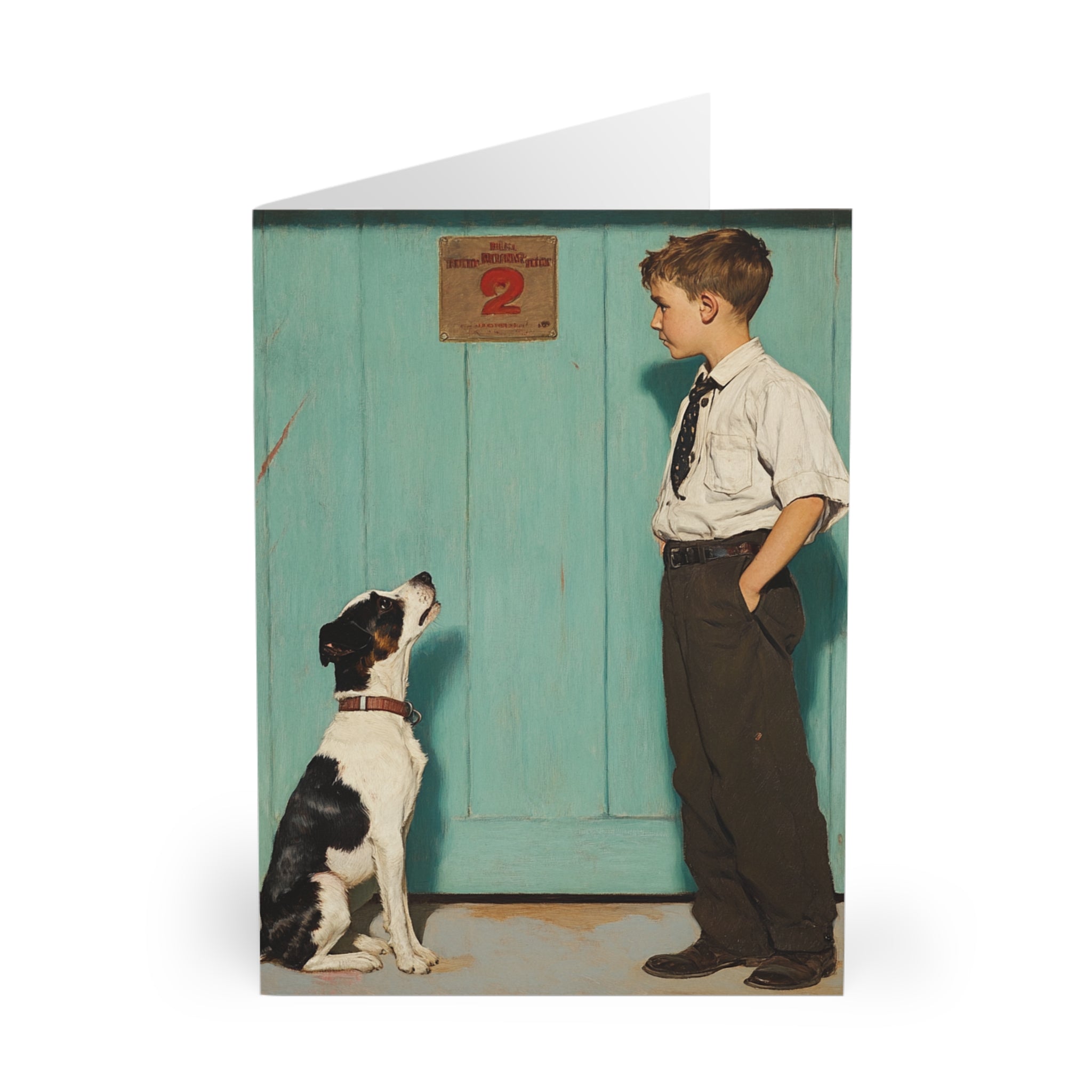 The image features a 5-pack of greeting cards depicting a nostalgic scene of a mid-20th century boy and his dog sitting outside a local store. The matte finish and high-quality cardstock add elegance to the heartwarming design.