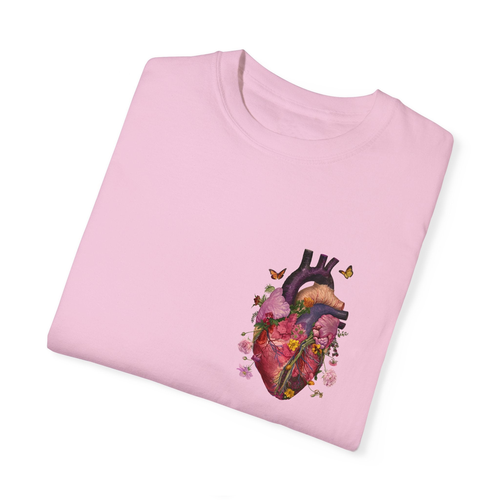 Botanical Heartbeat: Floral Heart Anatomy Unisex Garment-Dyed T-Shirt - Wearable Art with a Touch of Nature