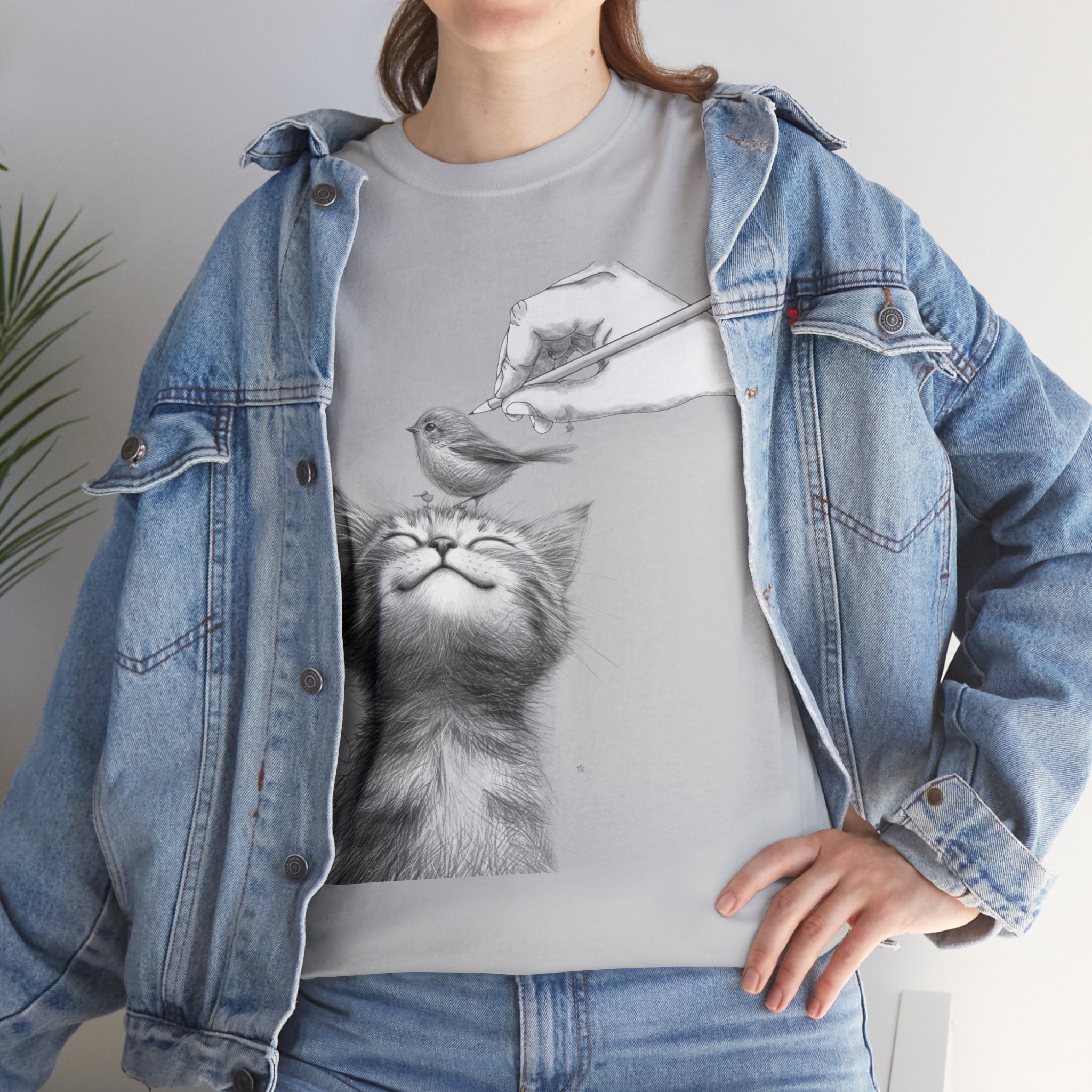 Cute Top for Artist Gift Women's Discover Artistic Elegance: Sketch Hand Drawing Bird and Cat Friendship Unisex Heavy Cotton Tee - Unique Design for Art Enthusiasts