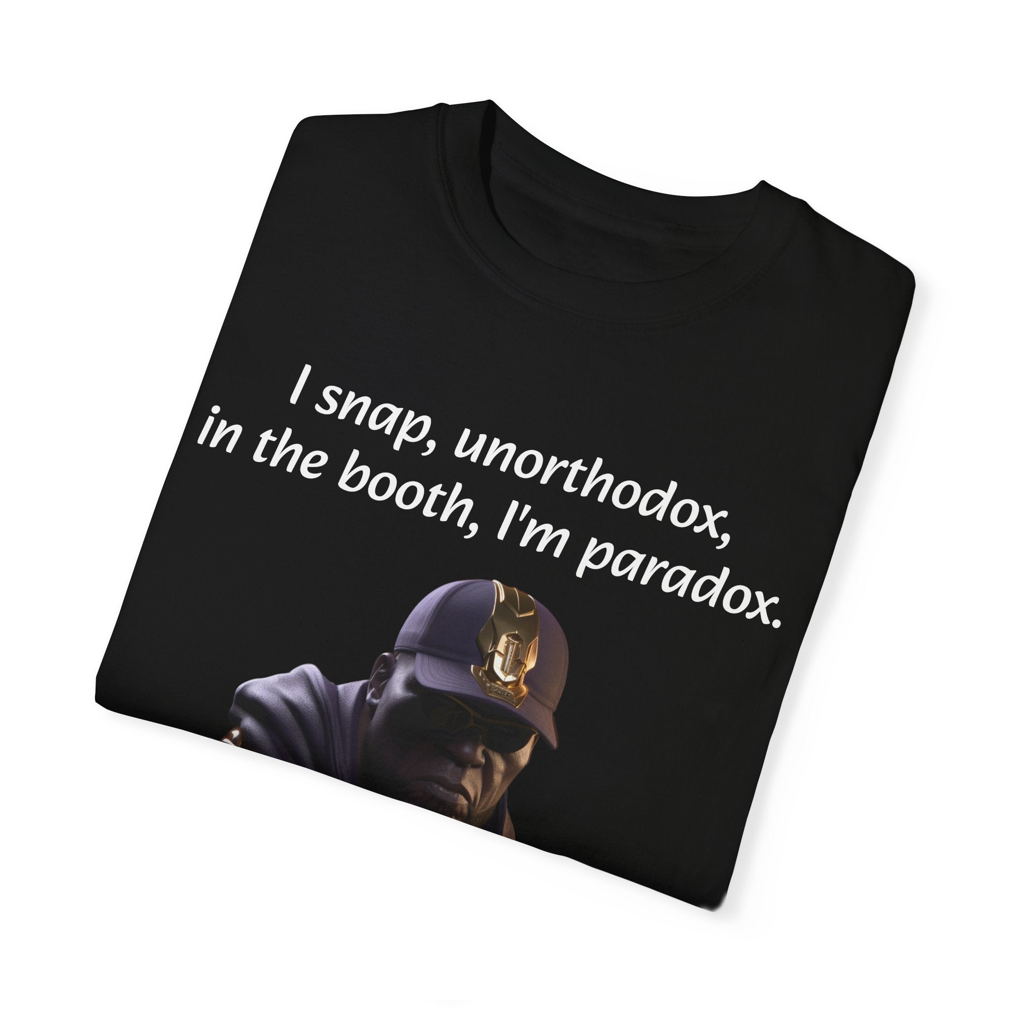 Lyrically Mad Titan T-Shirt: 'I Snap, Unorthodox, in the Booth, I'm Paradox' - Cosmic Warlord Inspired Hip Hop Unisex Garment-Dyed Tee for Urban Wear Enthusiasts