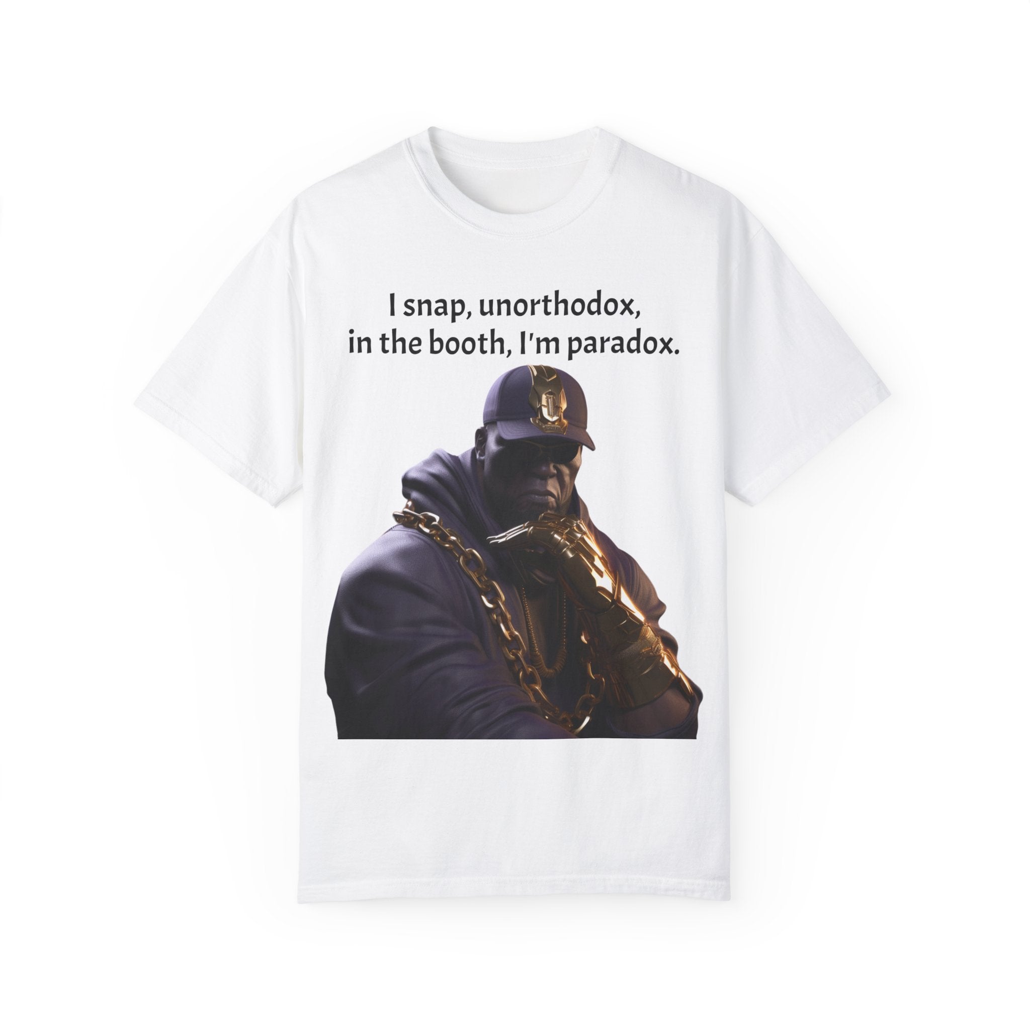 Lyrically Mad Titan T-Shirt: 'I Snap, Unorthodox, in the Booth, I'm Paradox' - Cosmic Warlord Inspired Hip Hop Unisex Garment-Dyed Tee for Urban Wear Enthusiasts